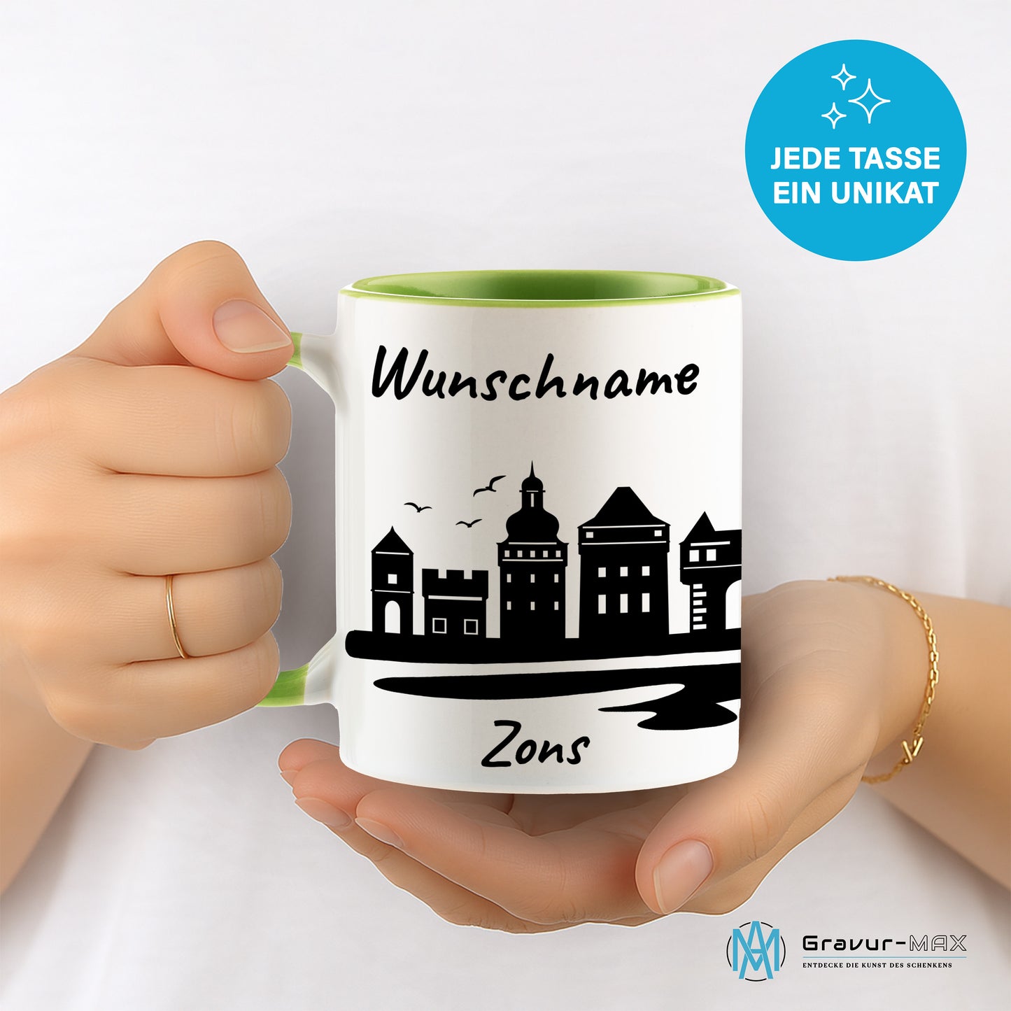 Tasse in Hellgrün 330ml bedruckt mit der Skyline von Zons (Dormagen) personalisierbar mit Wunschname