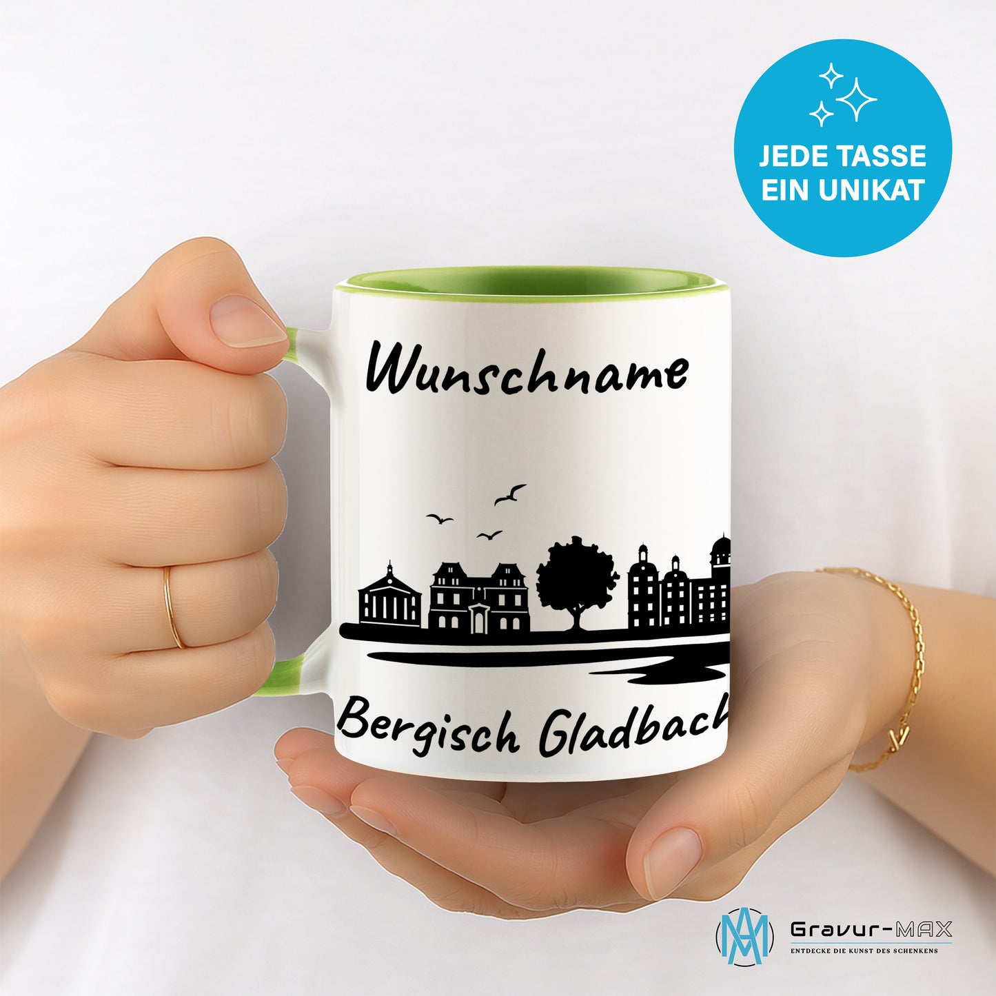 Tasse in Hellgrün 330ml bedruckt mit der Skyline von Bergisch Gladbach personalisierbar mit Wunschname