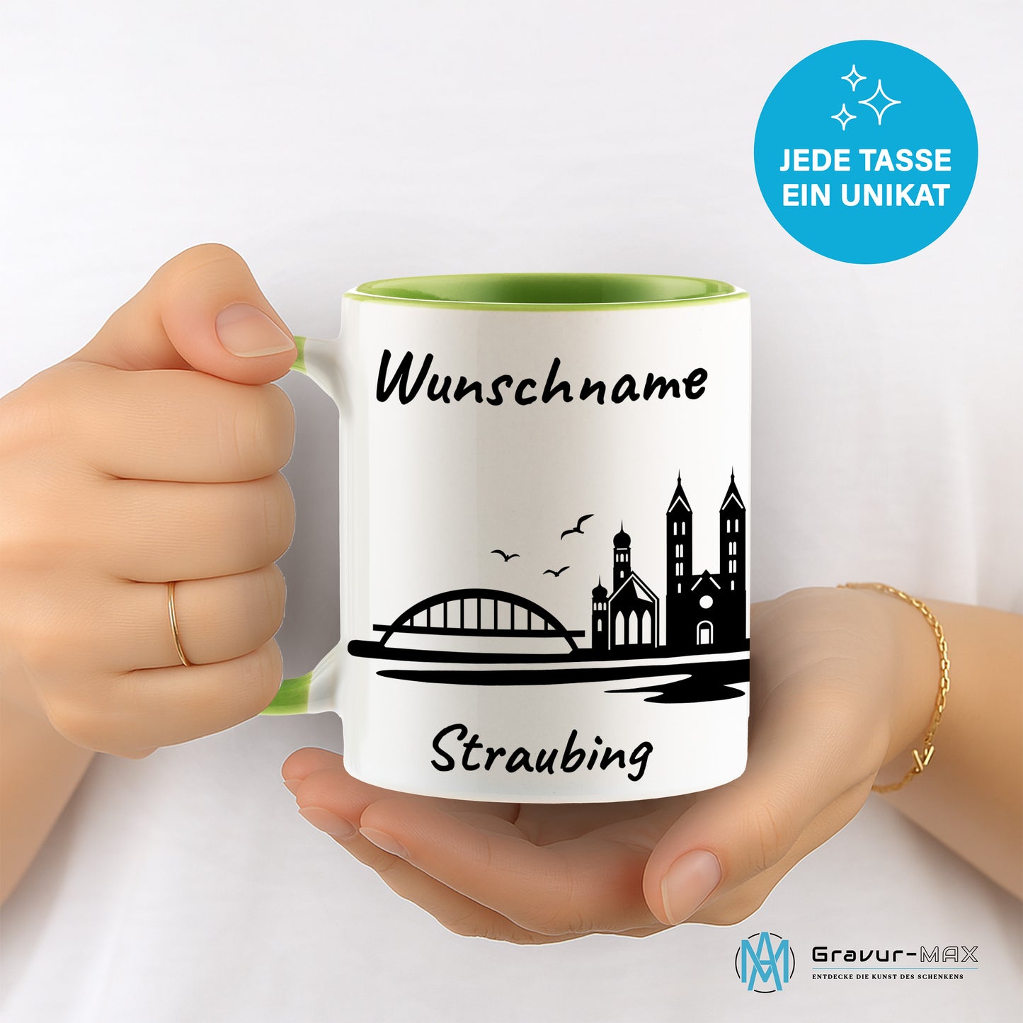 Tasse in Hellgrün 330ml bedruckt mit der Skyline von Straubing personalisierbar mit Wunschname