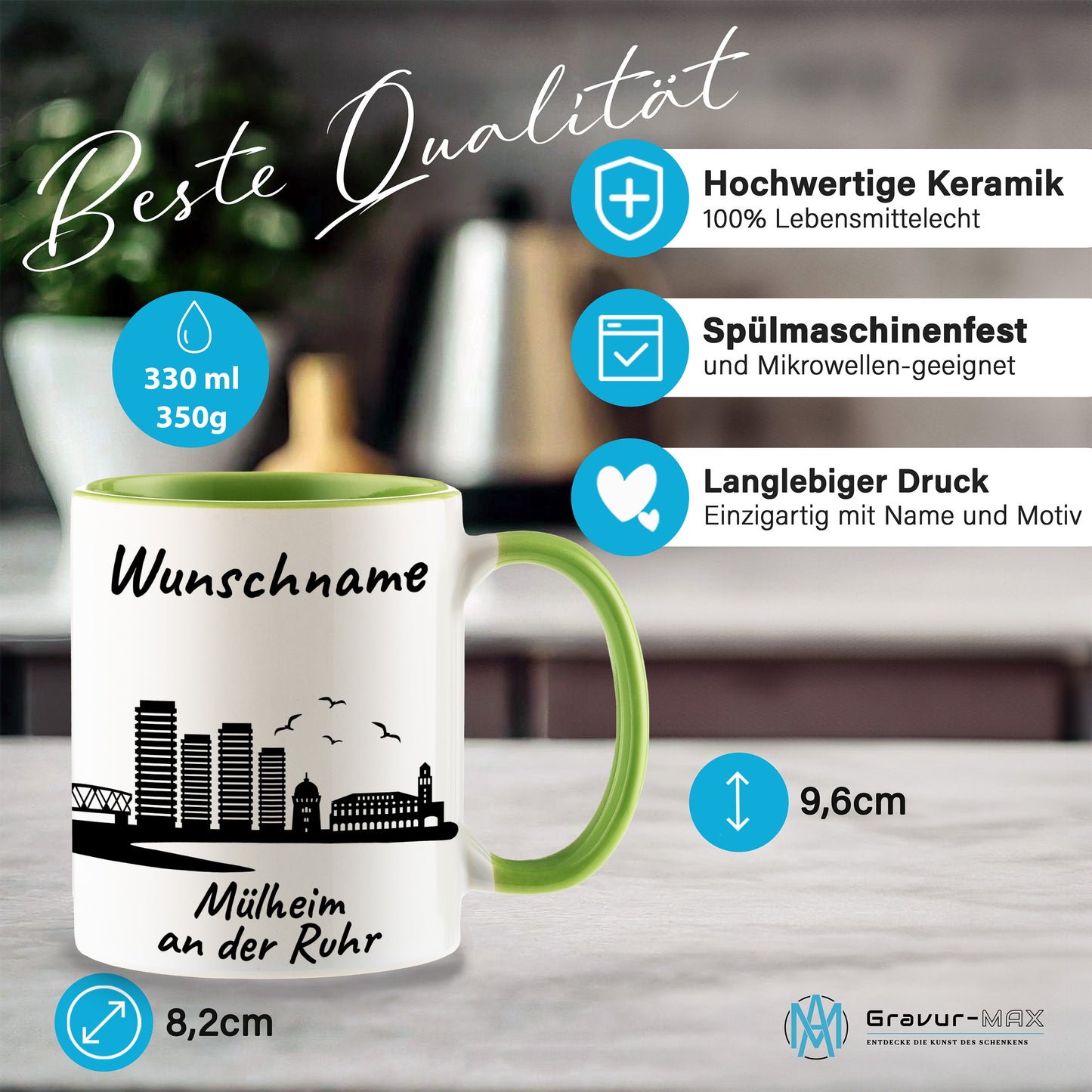 Tasse in Hellgrün 330ml bedruckt mit der Skyline von Mülheim an der Ruhr personalisierbar mit Wunschname