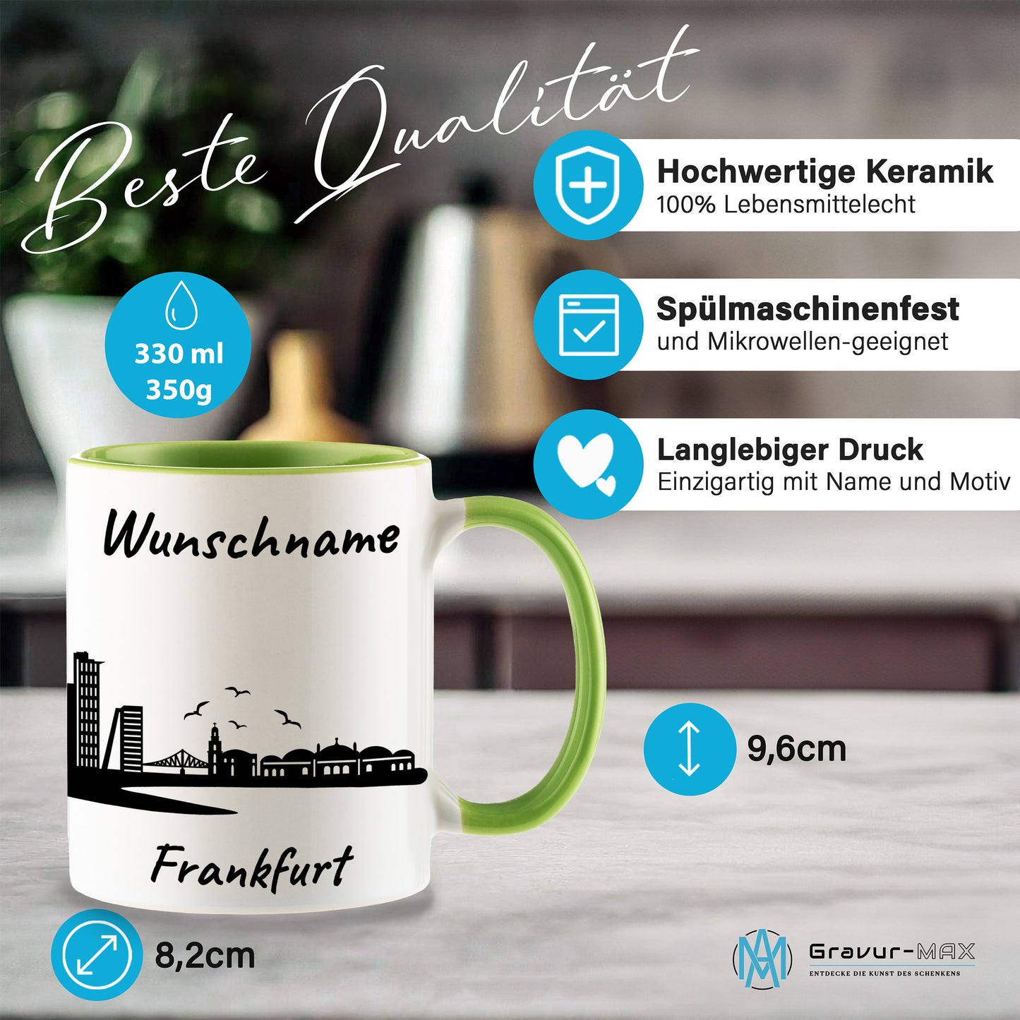 Tasse in Hellgrün 330ml bedruckt mit der Skyline von Frankfurt personalisierbar mit Wunschname