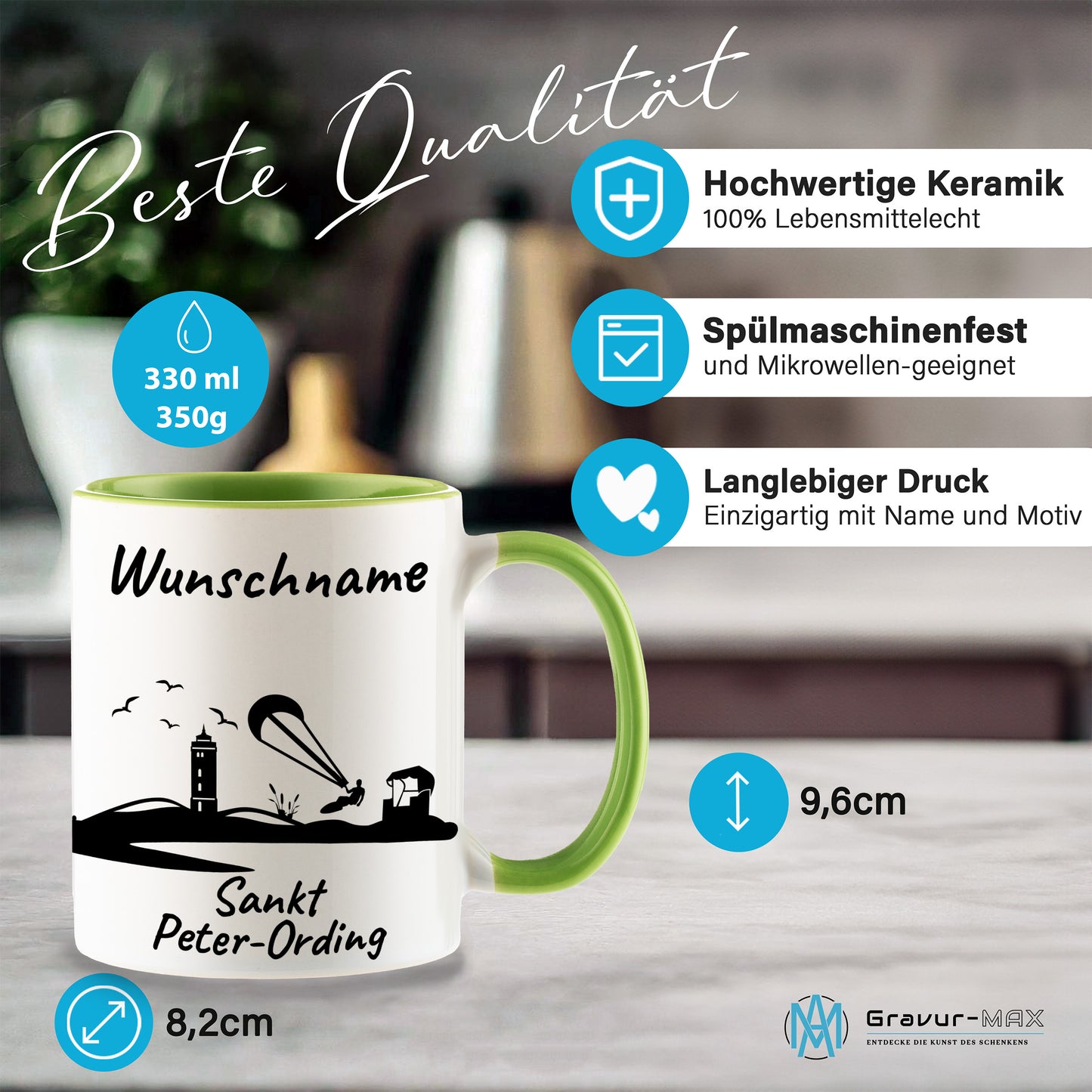 Tasse in Hellgrün 330ml bedruckt mit der Skyline von Sankt Peter-Ording personalisierbar mit Wunschname