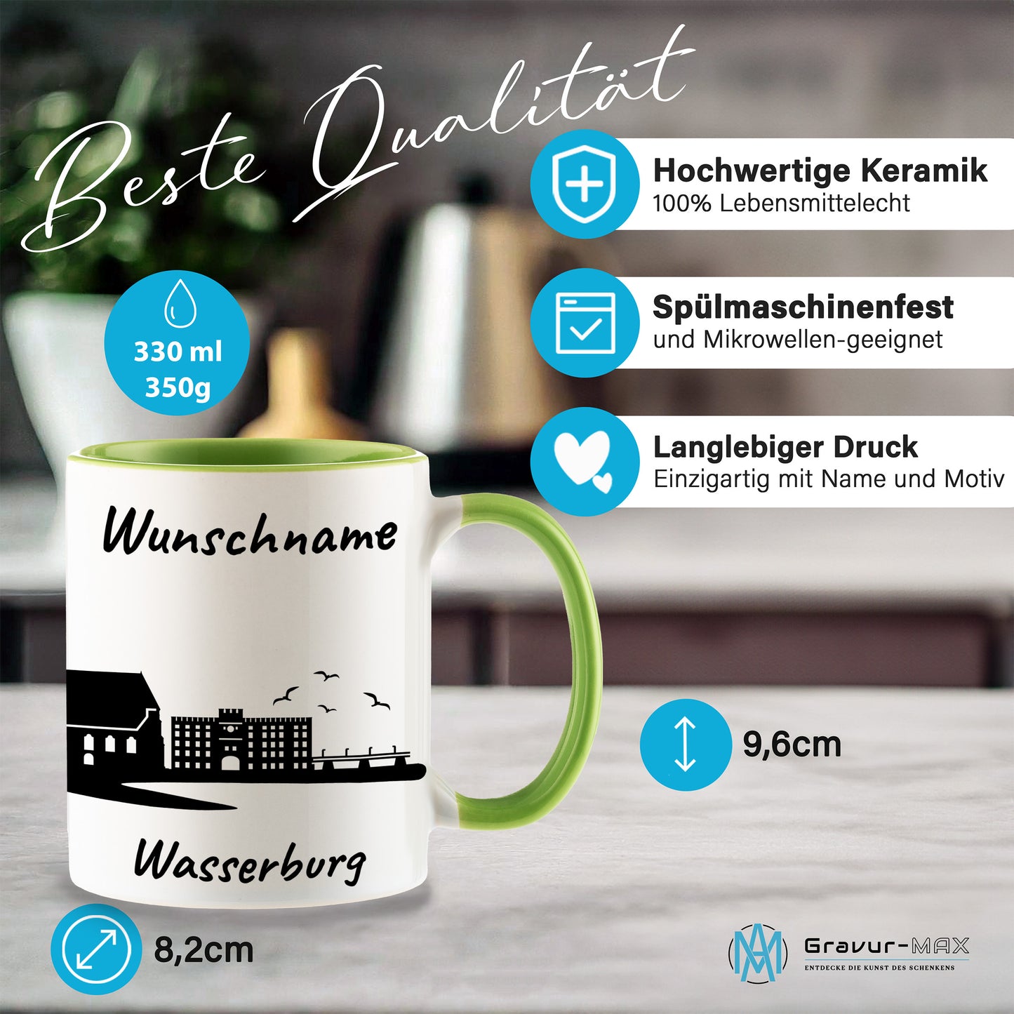 Tasse in Hellgrün 330ml bedruckt mit der Skyline von Wasserburg personalisierbar mit Wunschname