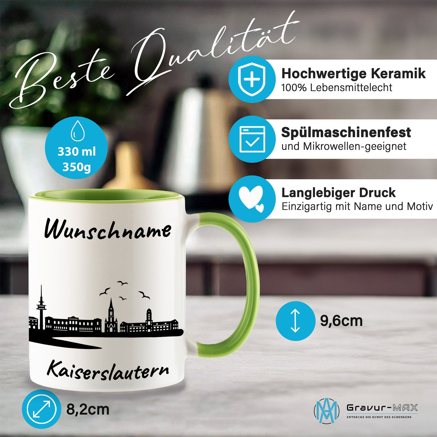 Tasse in Hellgrün 330ml bedruckt mit der Skyline von Kaiserslautern personalisierbar mit Wunschname