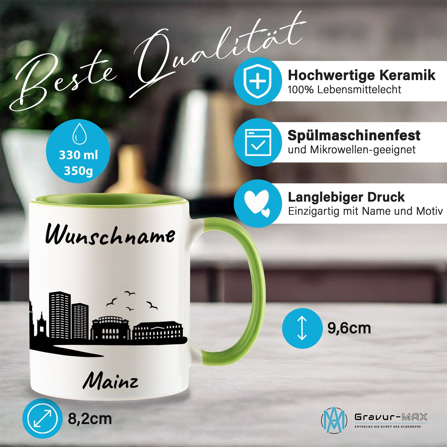 Tasse in Hellgrün 330ml bedruckt mit der Skyline von Mainz personalisierbar mit Wunschname