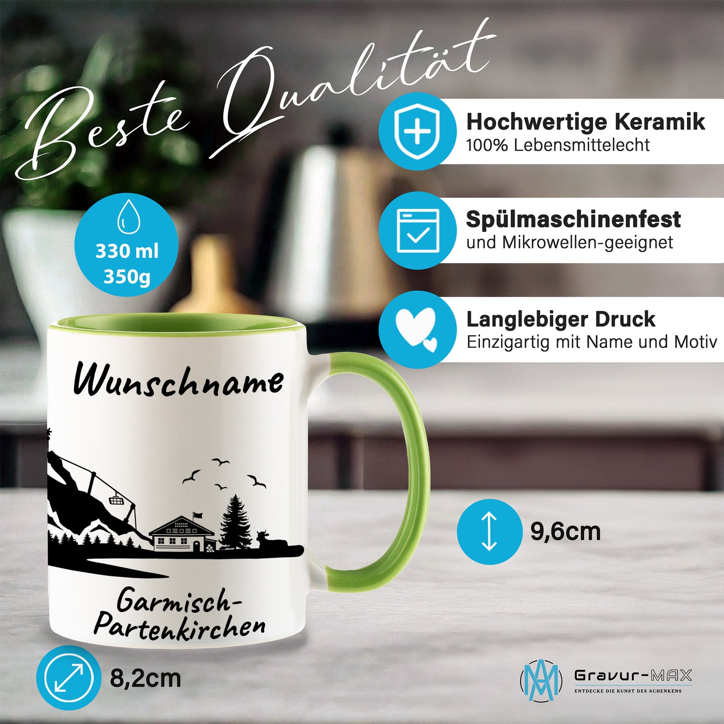 Tasse in Hellgrün 330ml bedruckt mit der Skyline von Garmisch-Partenkirchen personalisierbar mit Wunschname
