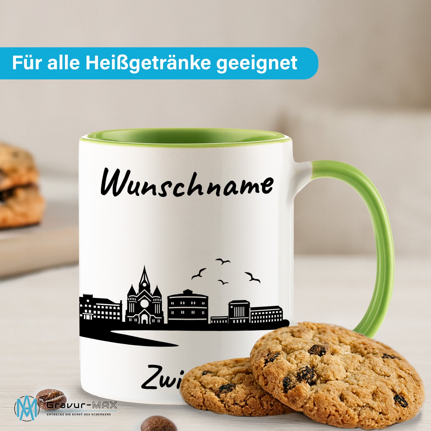 Tasse in Hellgrün 330ml bedruckt mit der Skyline von Zwickau personalisierbar mit Wunschname