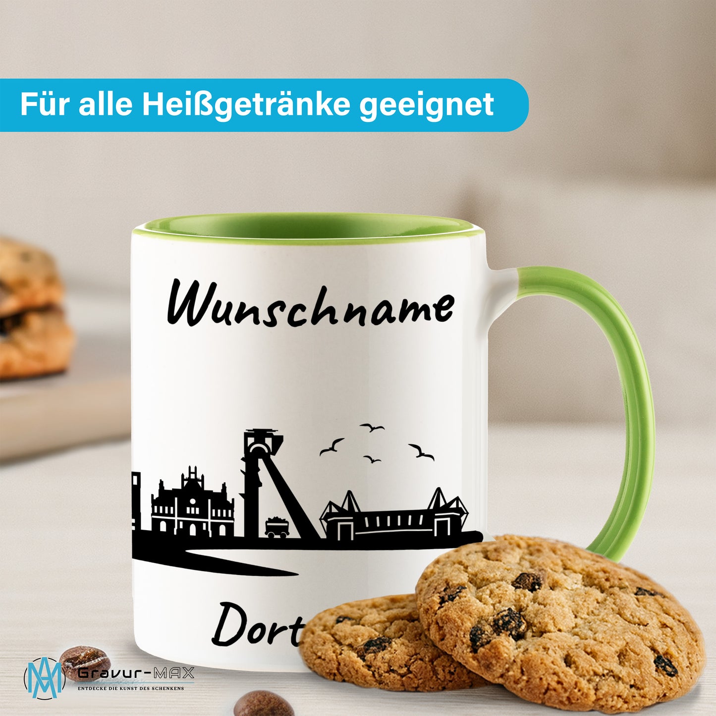 Tasse in Hellgrün 330ml bedruckt mit der Skyline von Dortmund personalisierbar mit Wunschname