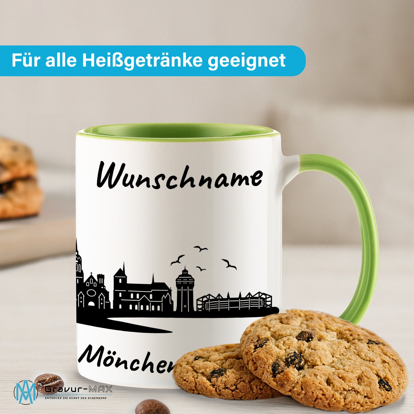 Tasse in Hellgrün 330ml bedruckt mit der Skyline von Mönchengladbach personalisierbar mit Wunschname