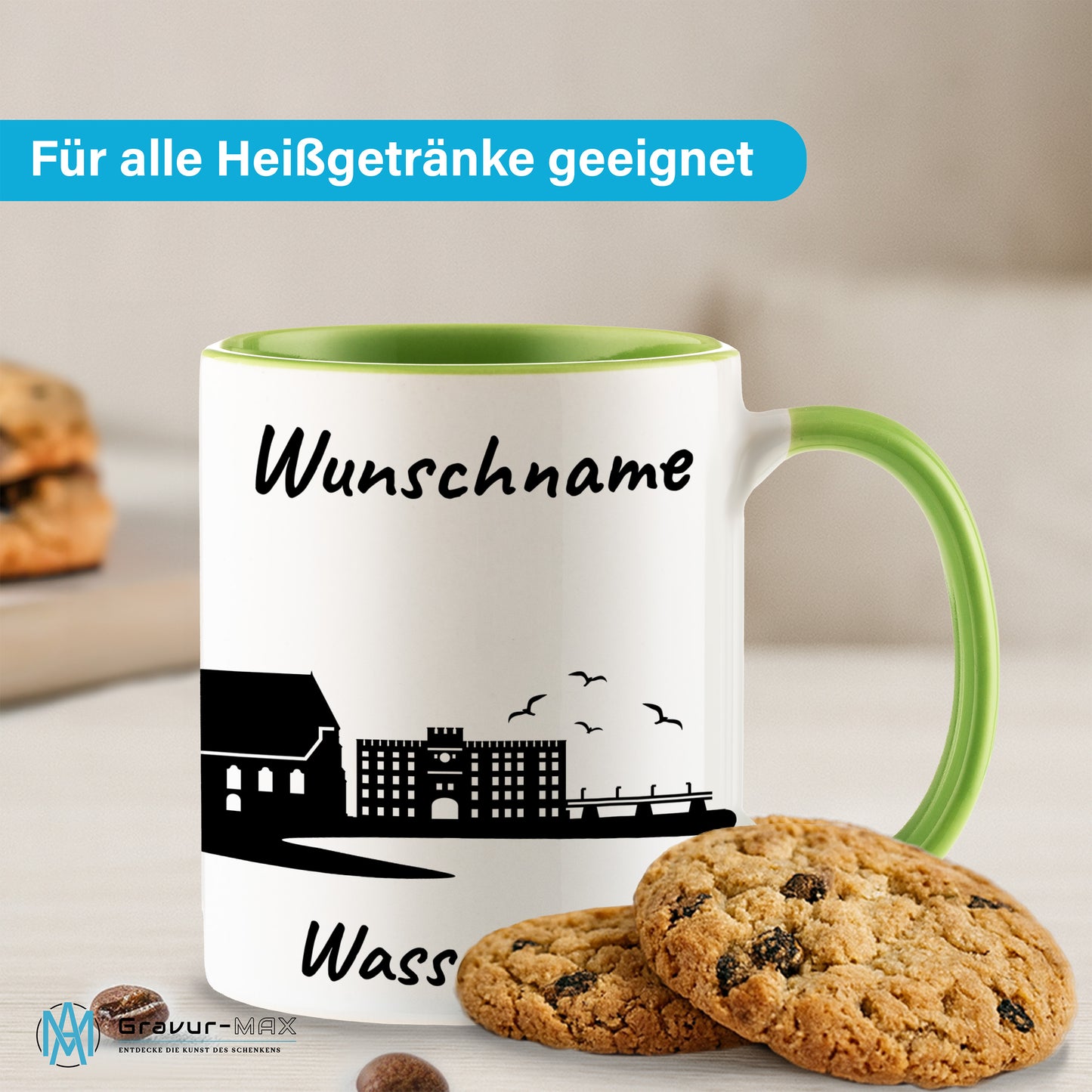 Tasse in Hellgrün 330ml bedruckt mit der Skyline von Wasserburg personalisierbar mit Wunschname