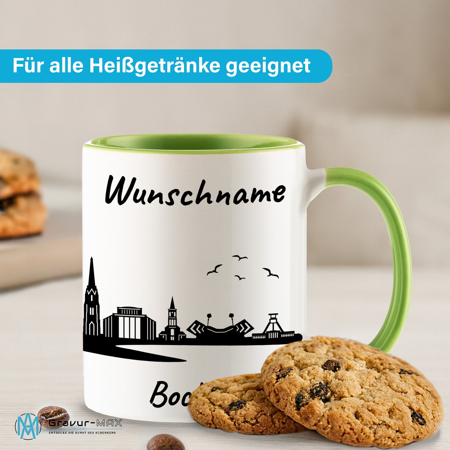 Tasse in Hellgrün 330ml bedruckt mit der Skyline von Bochum personalisierbar mit Wunschname