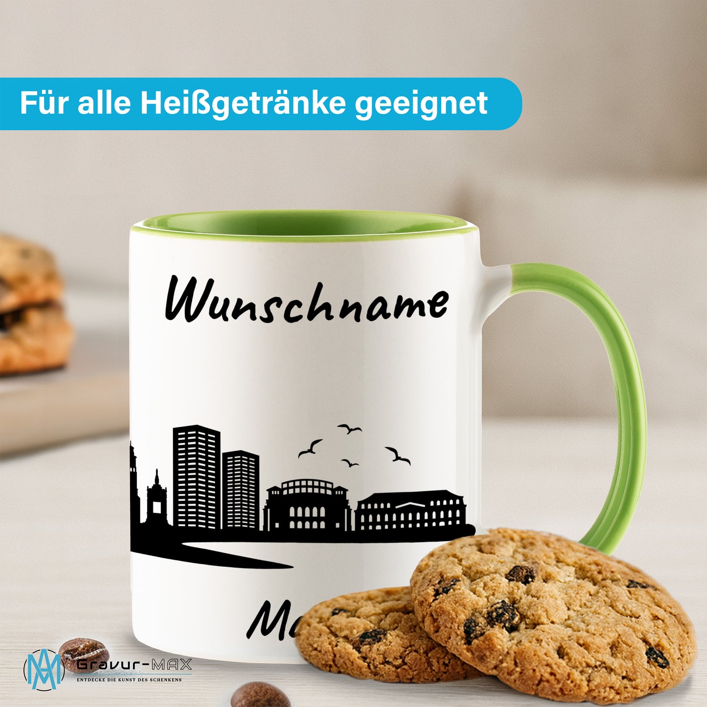 Tasse in Hellgrün 330ml bedruckt mit der Skyline von Mainz personalisierbar mit Wunschname