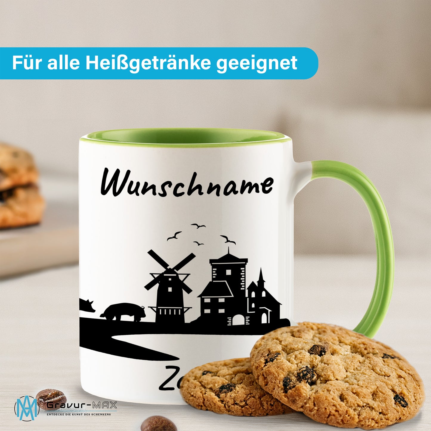 Tasse in Hellgrün 330ml bedruckt mit der Skyline von Zons (Dormagen) personalisierbar mit Wunschname