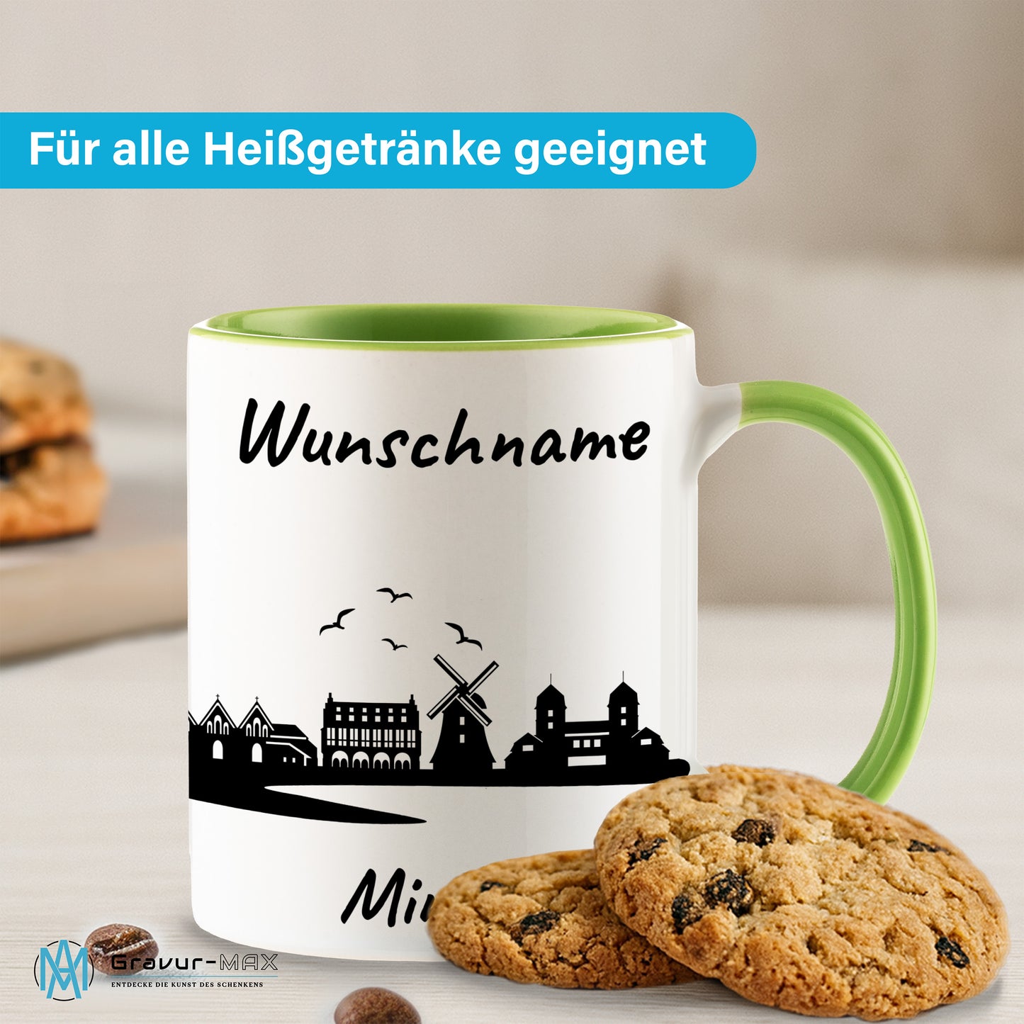 Tasse in Hellgrün 330ml bedruckt mit der Skyline von Minden personalisierbar mit Wunschname