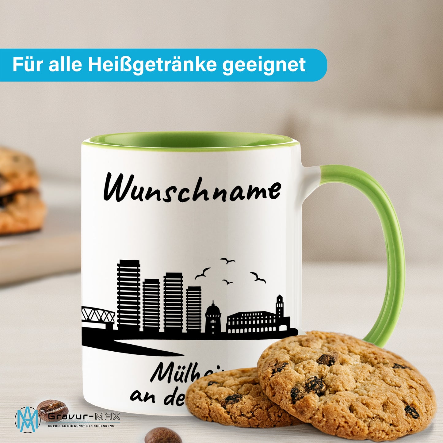 Tasse in Hellgrün 330ml bedruckt mit der Skyline von Mülheim an der Ruhr personalisierbar mit Wunschname
