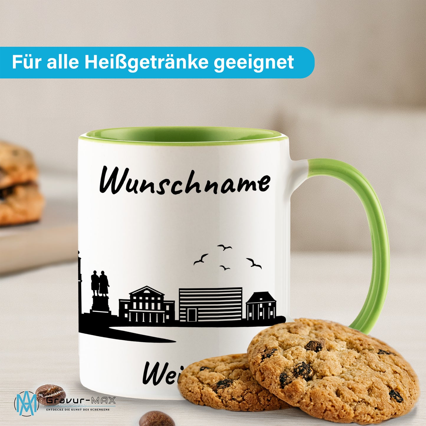 Tasse in Hellgrün 330ml bedruckt mit der Skyline von Weimar personalisierbar mit Wunschname