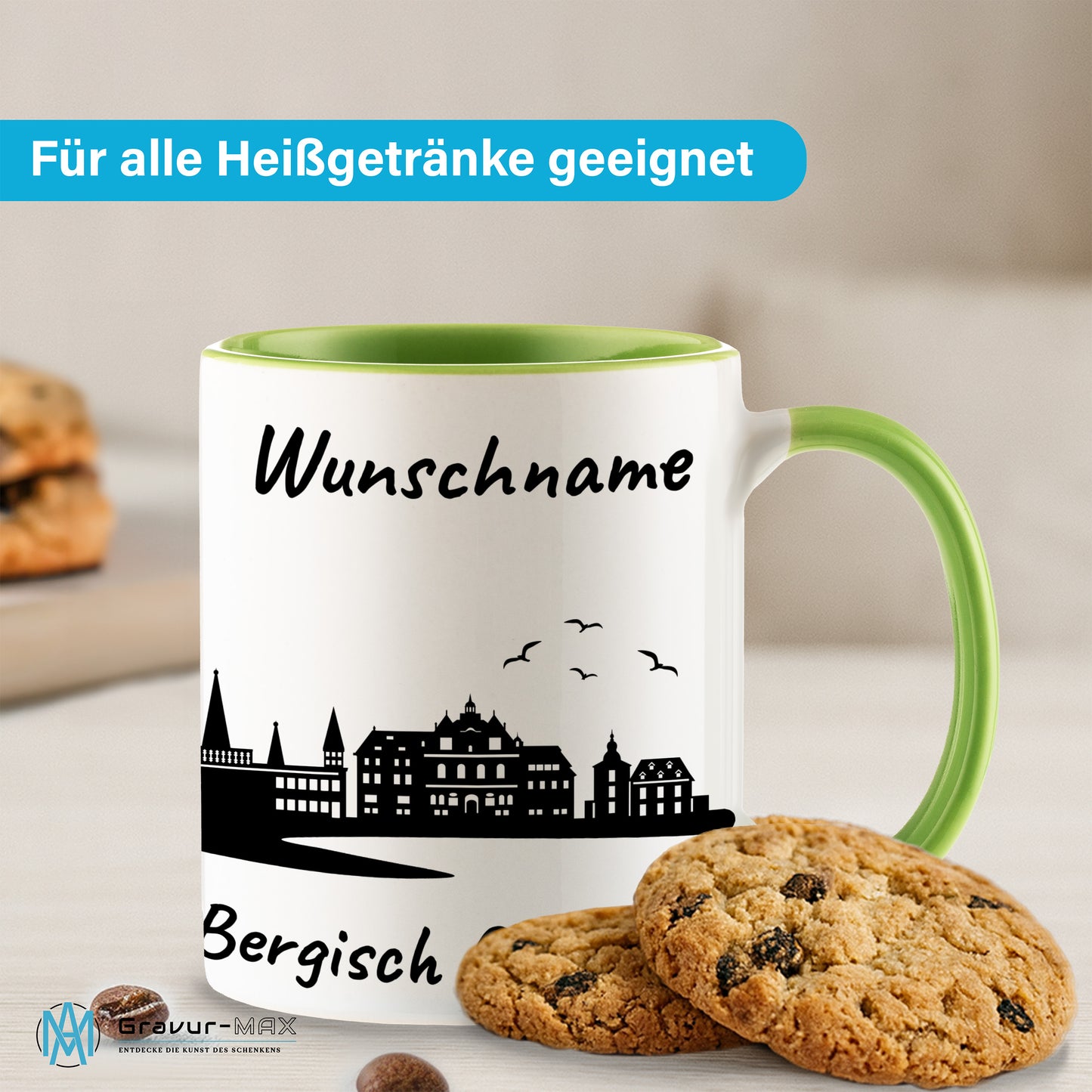 Tasse in Hellgrün 330ml bedruckt mit der Skyline von Bergisch Gladbach personalisierbar mit Wunschname