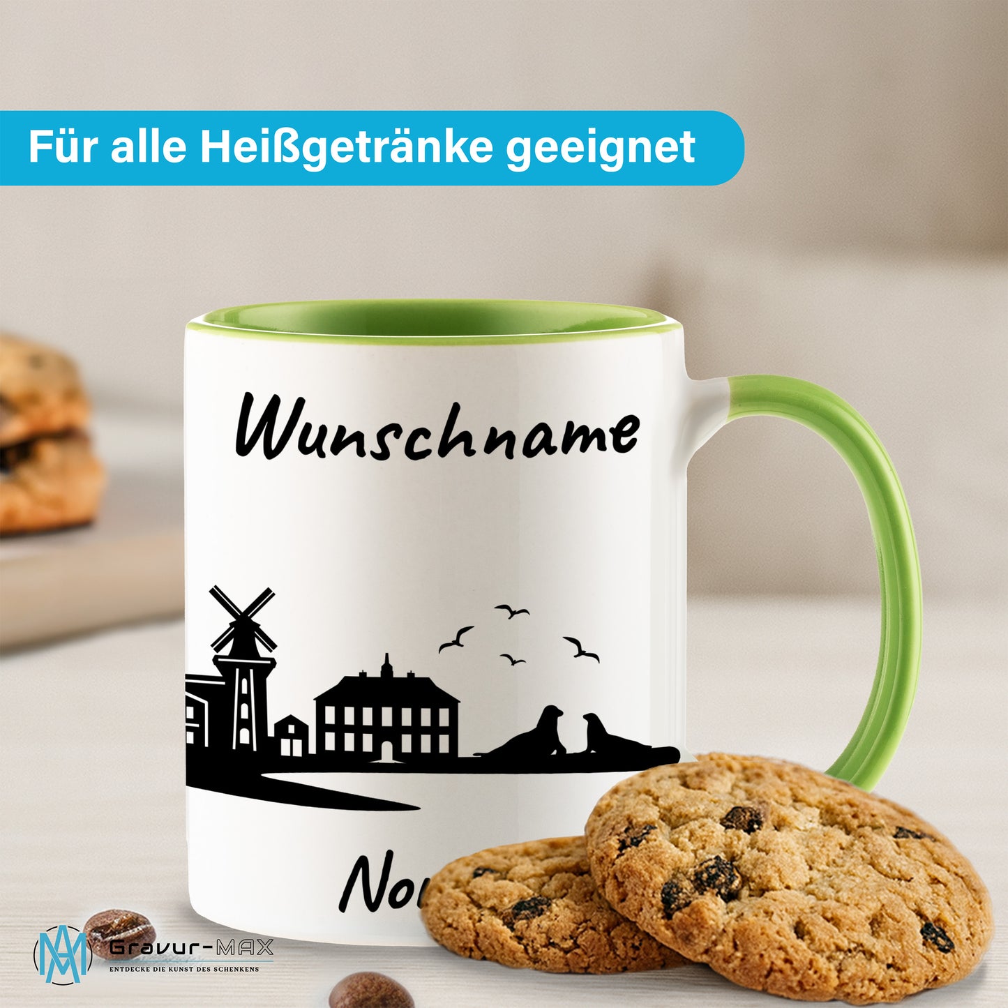 Tasse in Hellgrün 330ml bedruckt mit der Skyline von Norden personalisierbar mit Wunschname