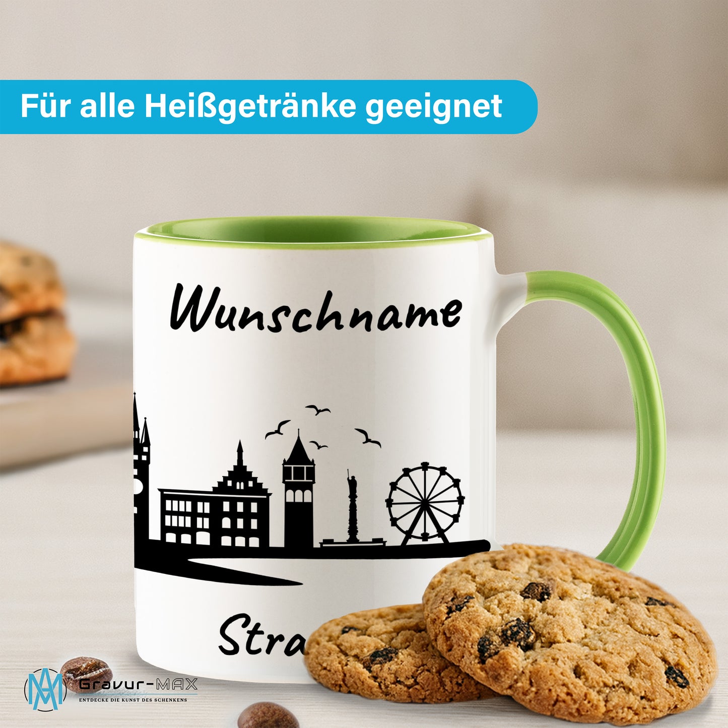 Tasse in Hellgrün 330ml bedruckt mit der Skyline von Straubing personalisierbar mit Wunschname