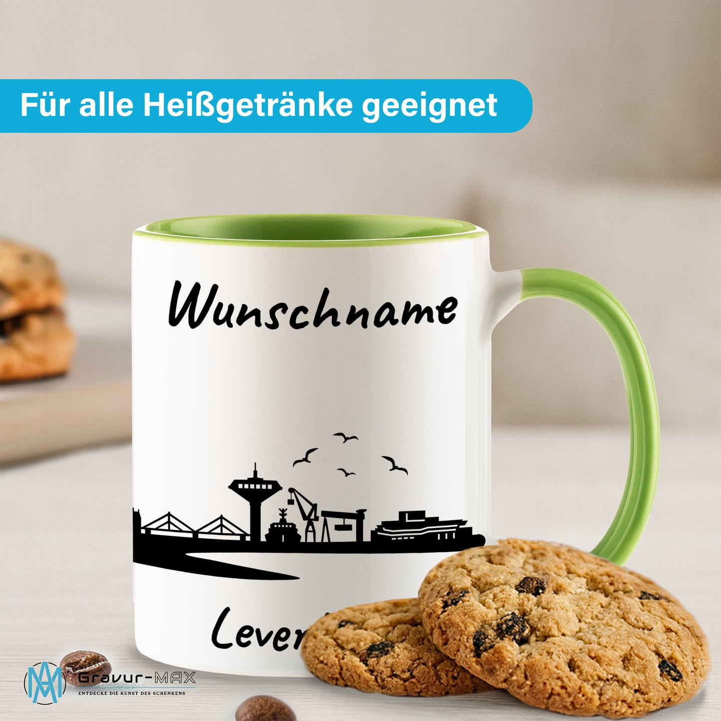 Tasse in Hellgrün 330ml bedruckt mit der Skyline von Leverkusen personalisierbar mit Wunschname