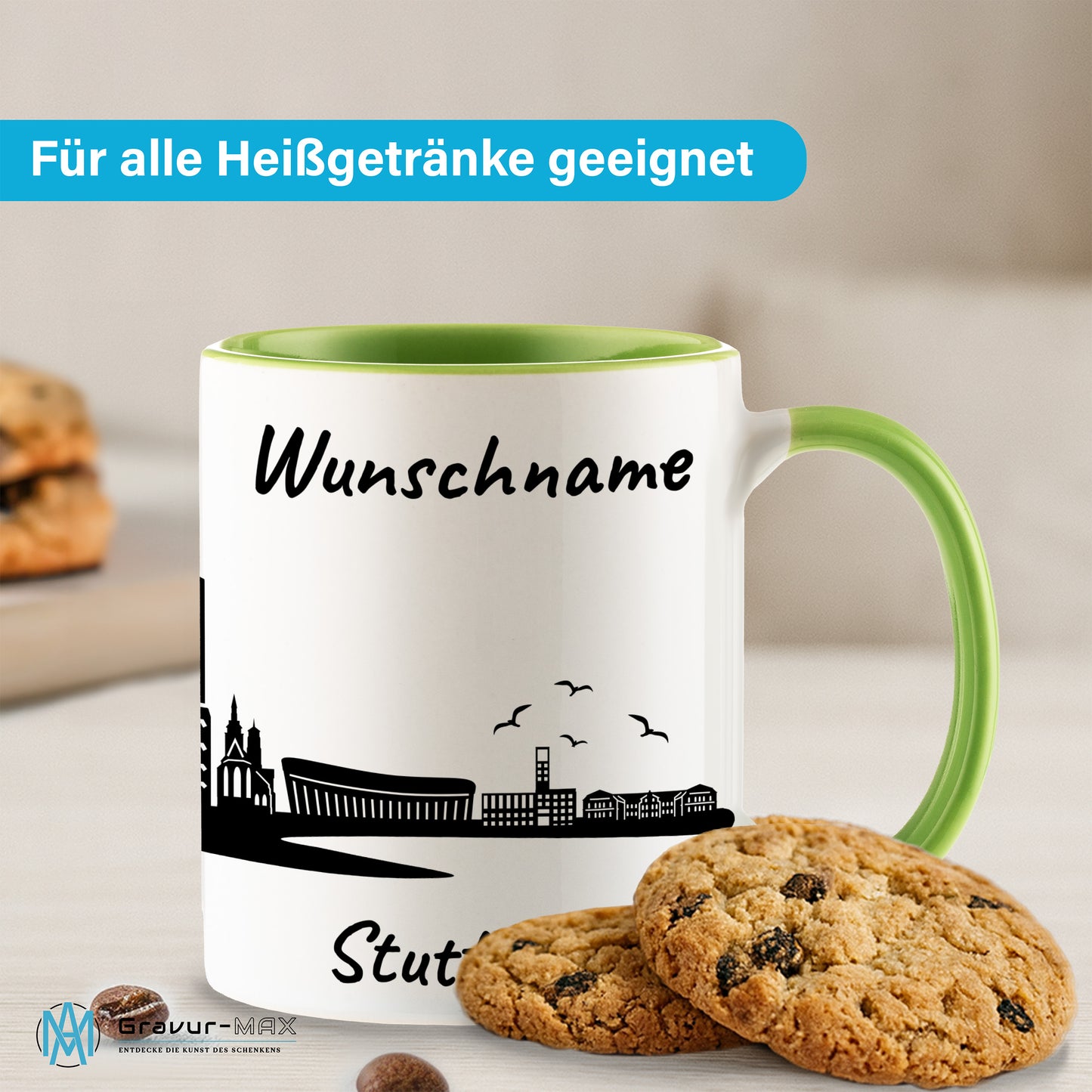 Tasse in Hellgrün 330ml bedruckt mit der Skyline von Stuttgart personalisierbar mit Wunschname