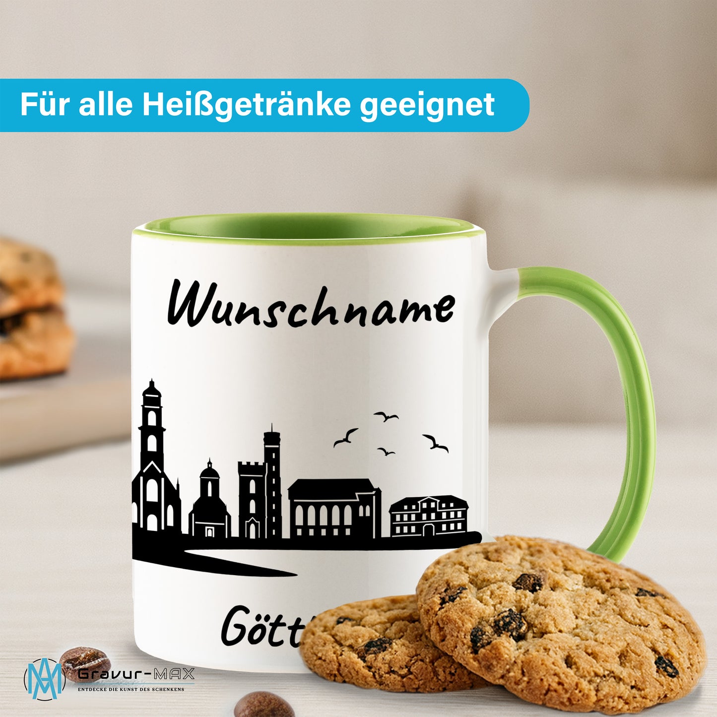 Tasse in Hellgrün 330ml bedruckt mit der Skyline von Göttingen personalisierbar mit Wunschname