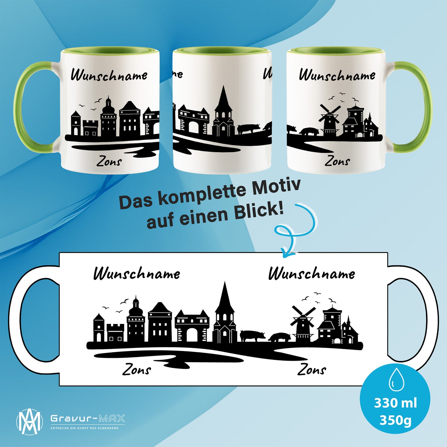 Tasse in Hellgrün 330ml bedruckt mit der Skyline von Zons (Dormagen) personalisierbar mit Wunschname