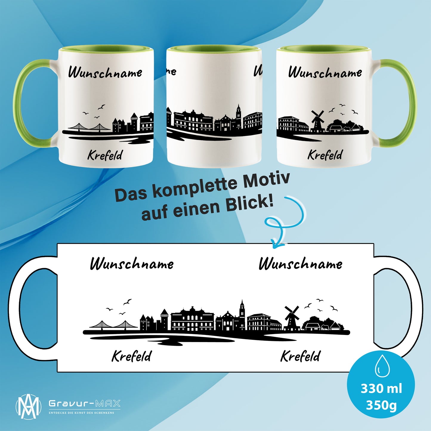 Tasse in Hellgrün 330ml bedruckt mit der Skyline von Krefeld personalisierbar mit Wunschname