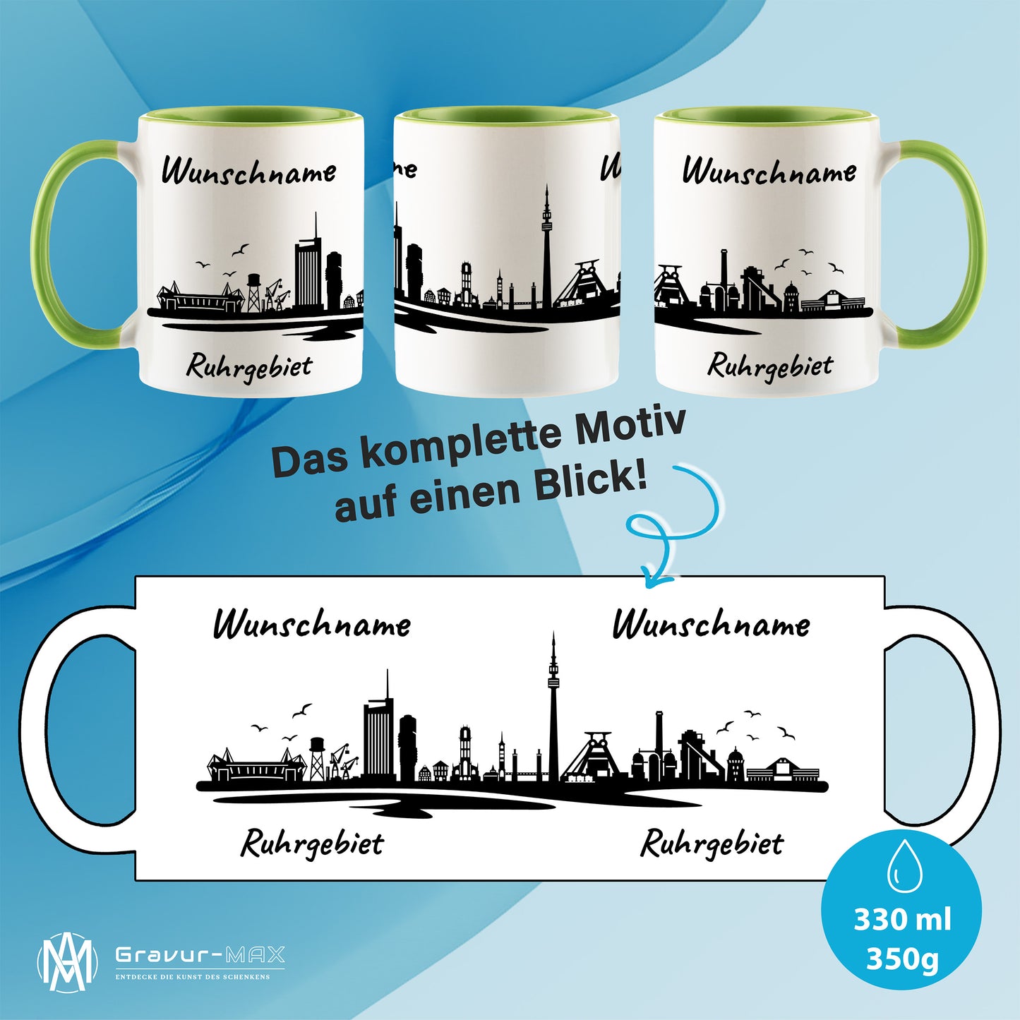 Tasse in Hellgrün 330ml bedruckt mit der Skyline von Ruhrgebiet personalisierbar mit Wunschname