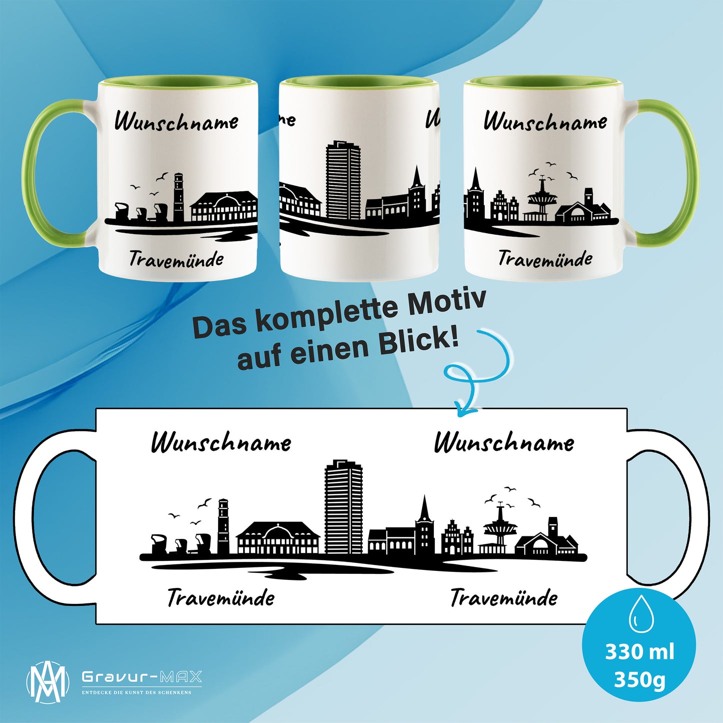 Tasse in Hellgrün 330ml bedruckt mit der Skyline von Travemünde personalisierbar mit Wunschname