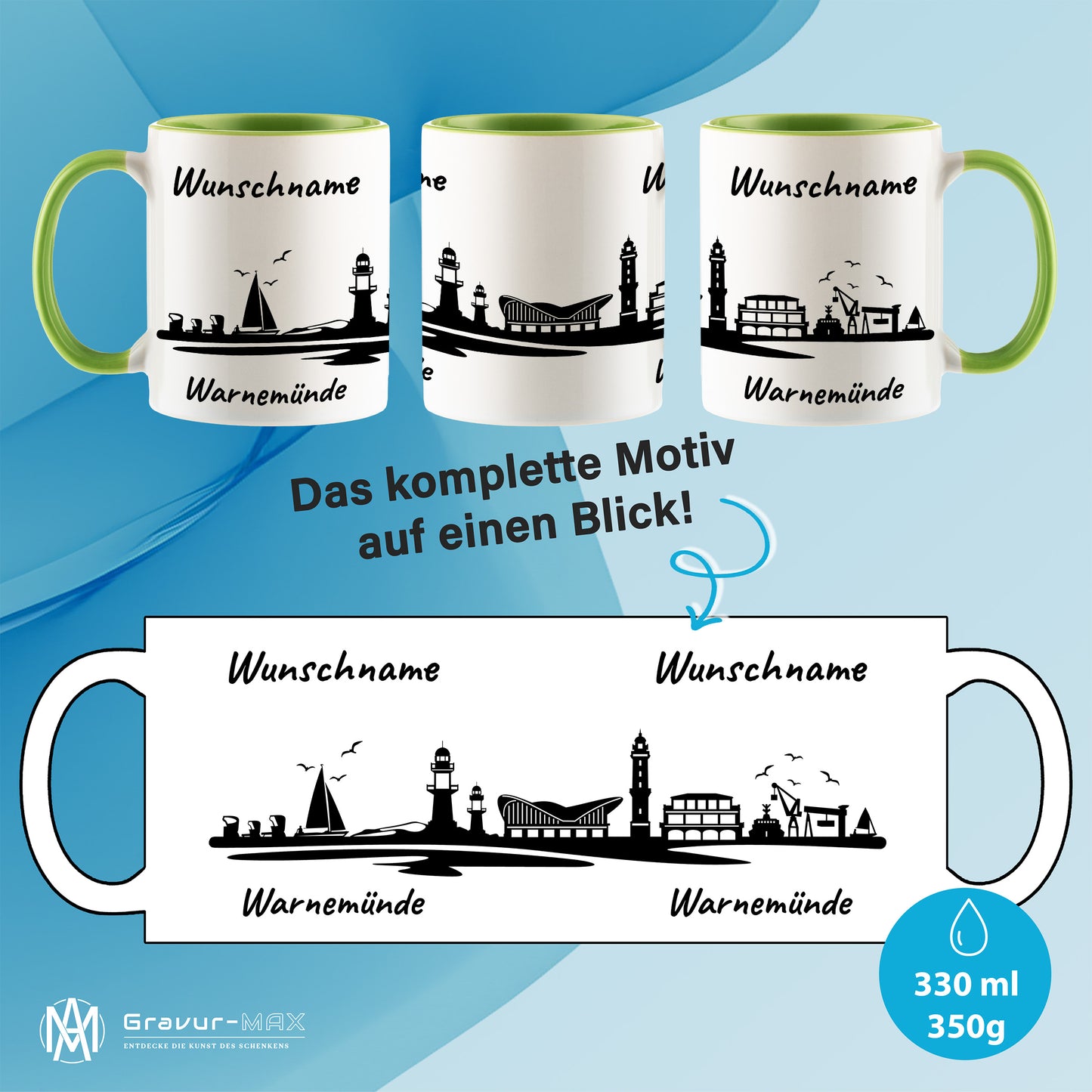 Tasse in Hellgrün 330ml bedruckt mit der Skyline von Warnemünde personalisierbar mit Wunschname