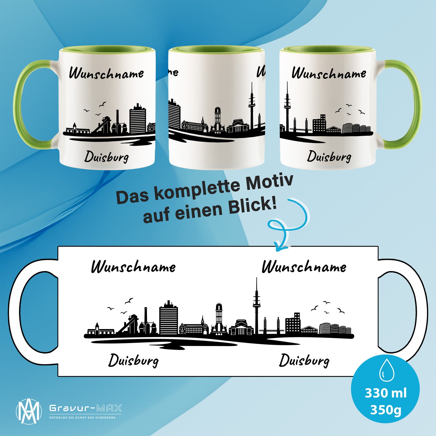 Tasse in Hellgrün 330ml bedruckt mit der Skyline von Duisburg personalisierbar mit Wunschname