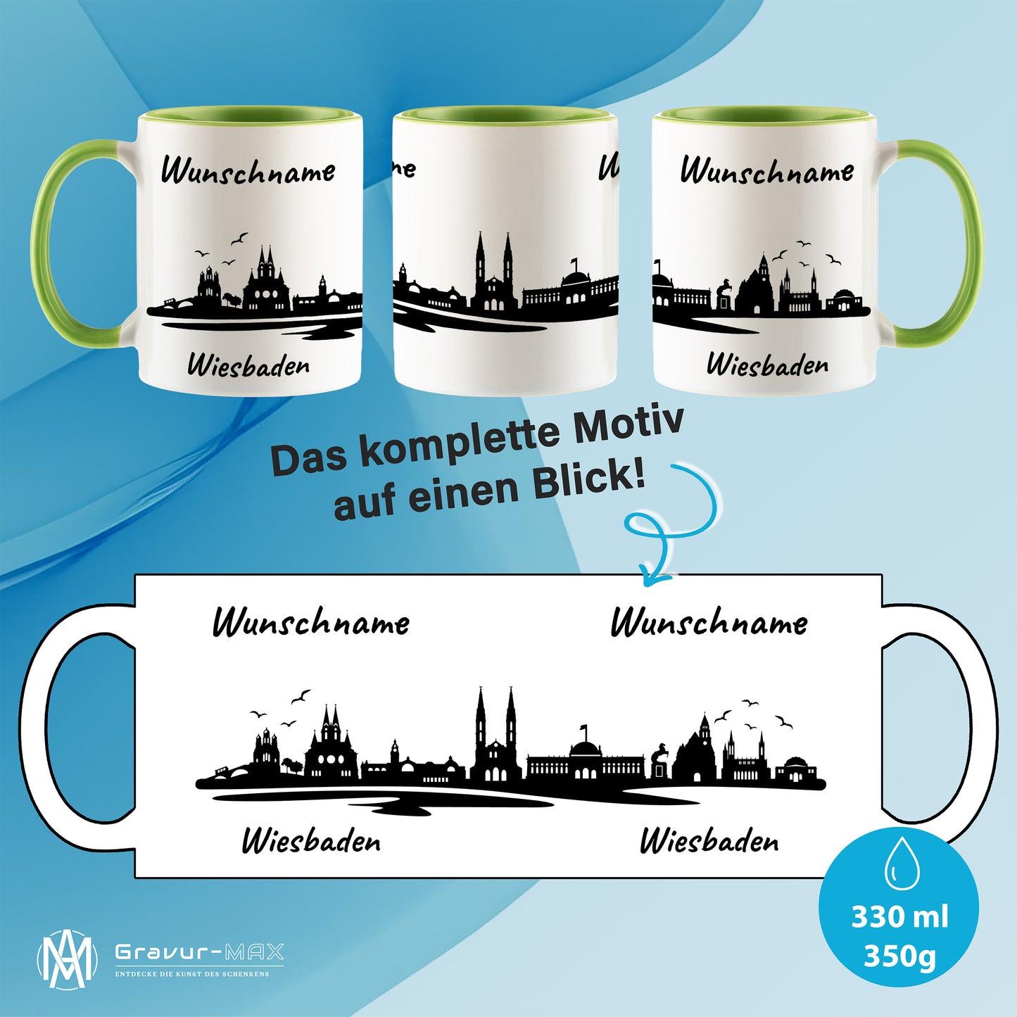 Tasse in Hellgrün 330ml bedruckt mit der Skyline von Wiesbaden personalisierbar mit Wunschname