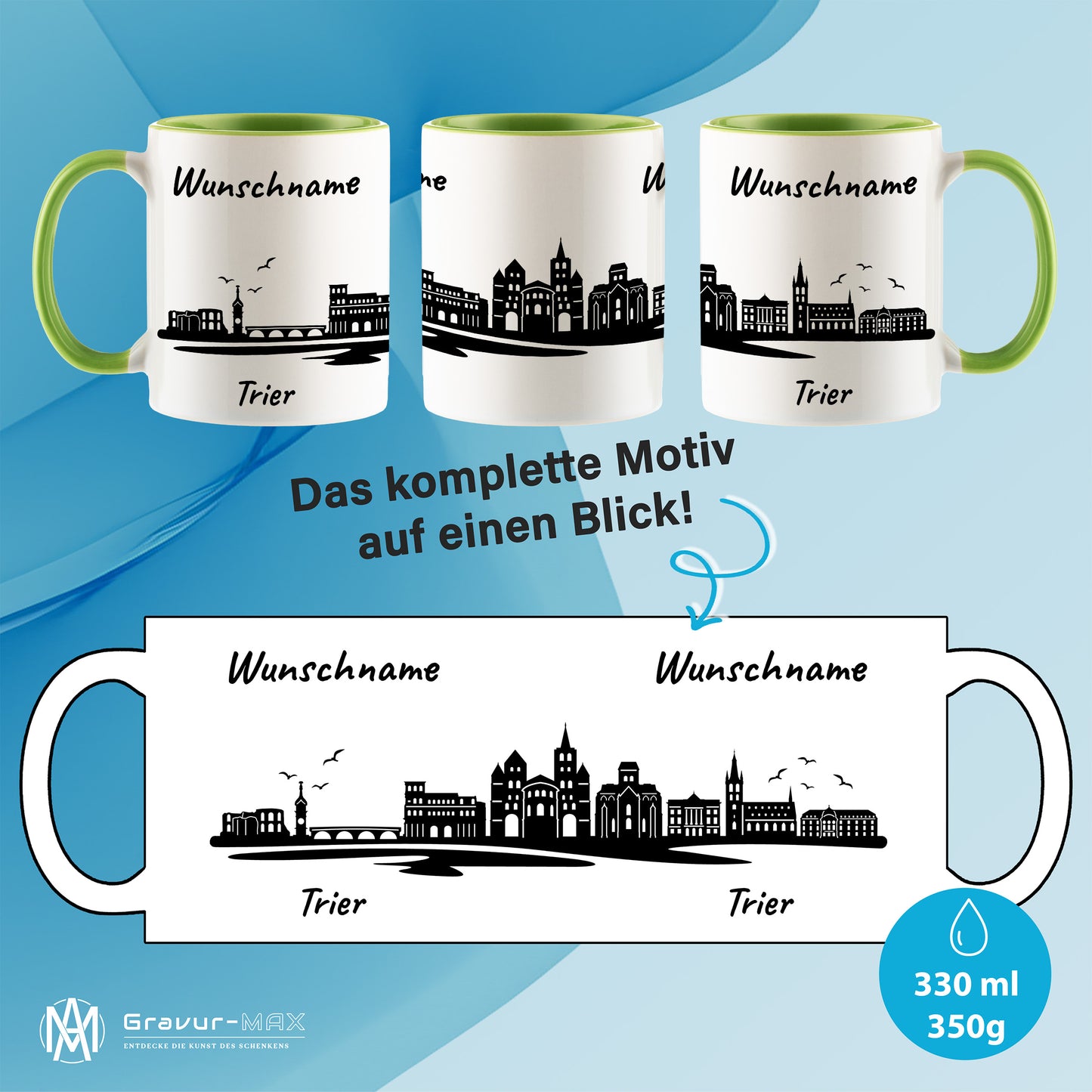 Tasse in Hellgrün 330ml bedruckt mit der Skyline von Trier personalisierbar mit Wunschname