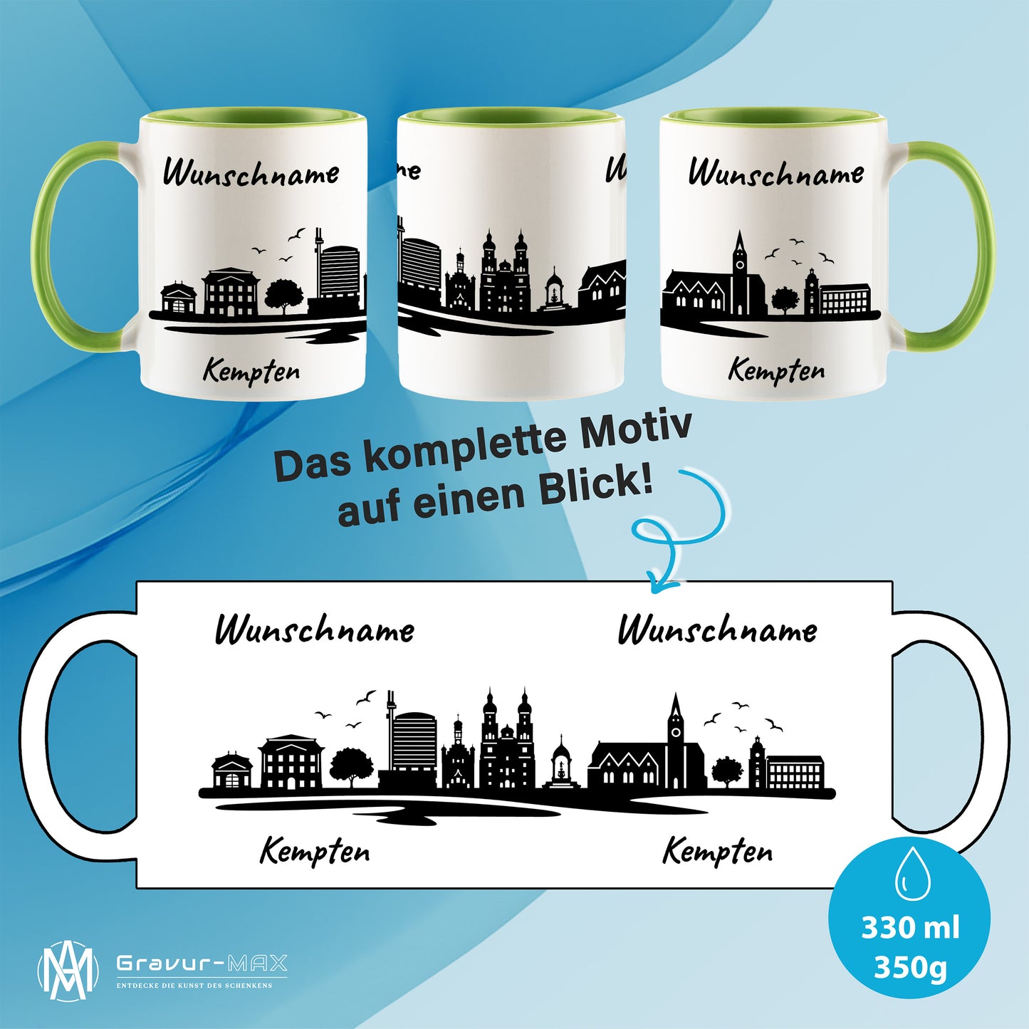 Tasse in Hellgrün 330ml bedruckt mit der Skyline von Kempten personalisierbar mit Wunschname