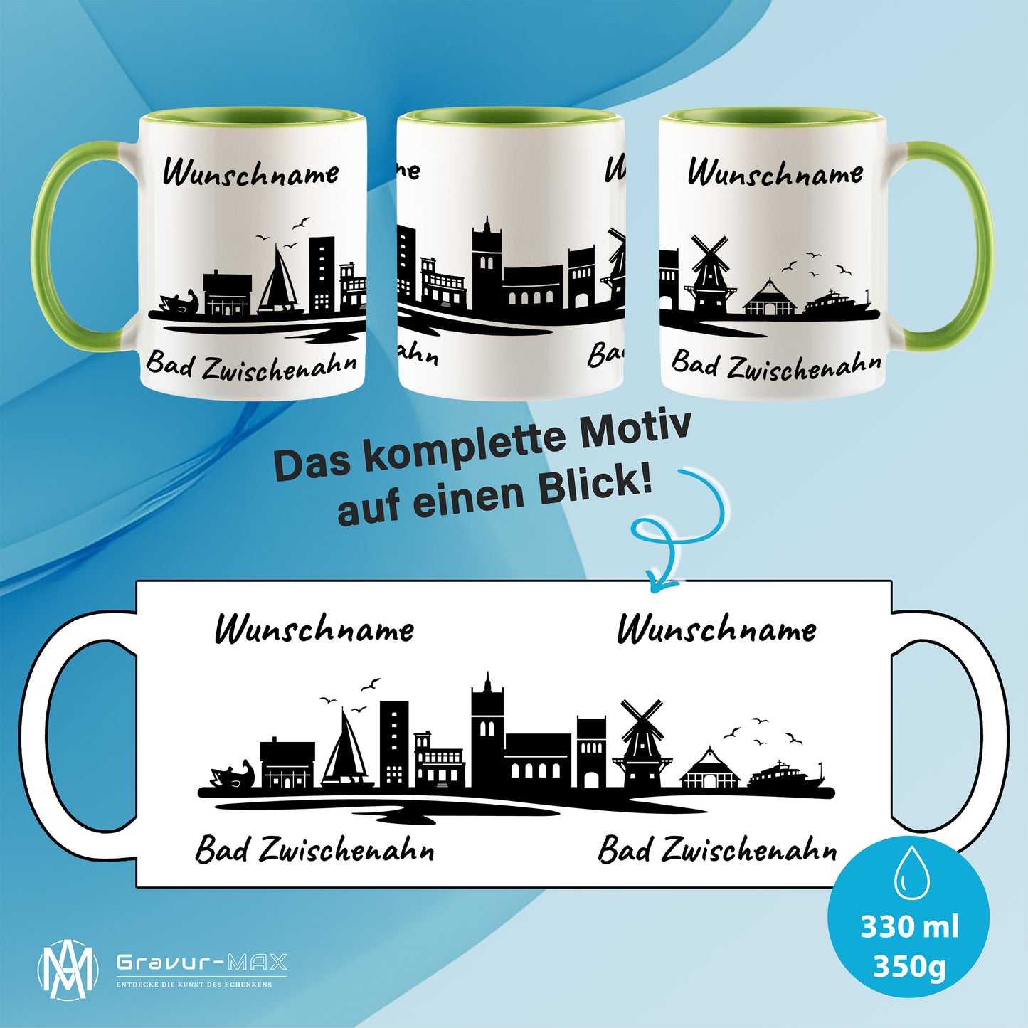 Tasse in Hellgrün 330ml bedruckt mit der Skyline von Bad Zwischenahn personalisierbar mit Wunschname