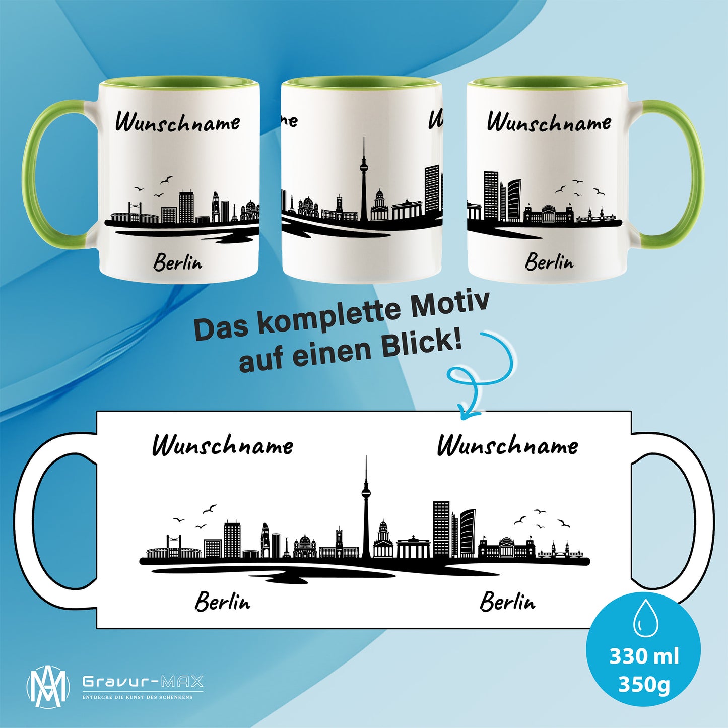 Tasse in Hellgrün 330ml bedruckt mit der Skyline von Berlin personalisierbar mit Wunschname