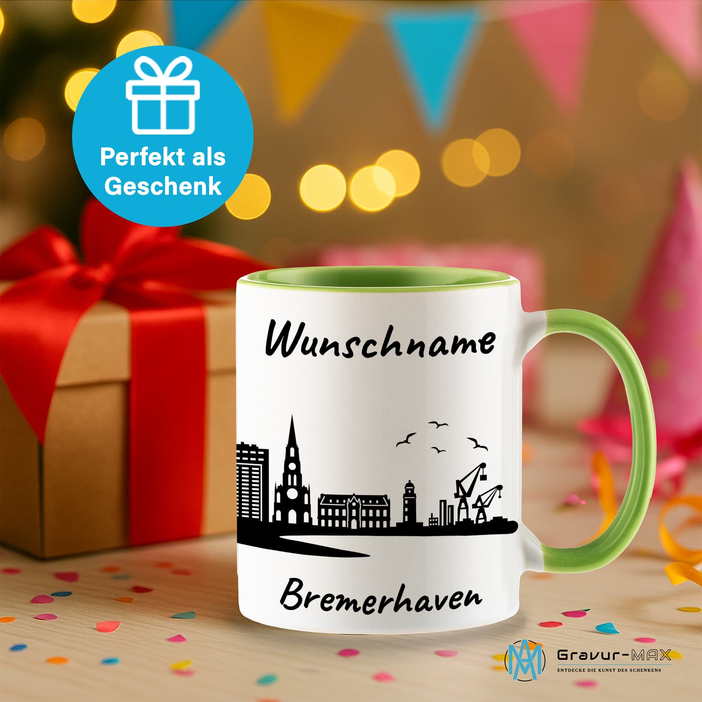 Tasse in Hellgrün 330ml bedruckt mit der Skyline von Bremerhaven personalisierbar mit Wunschname
