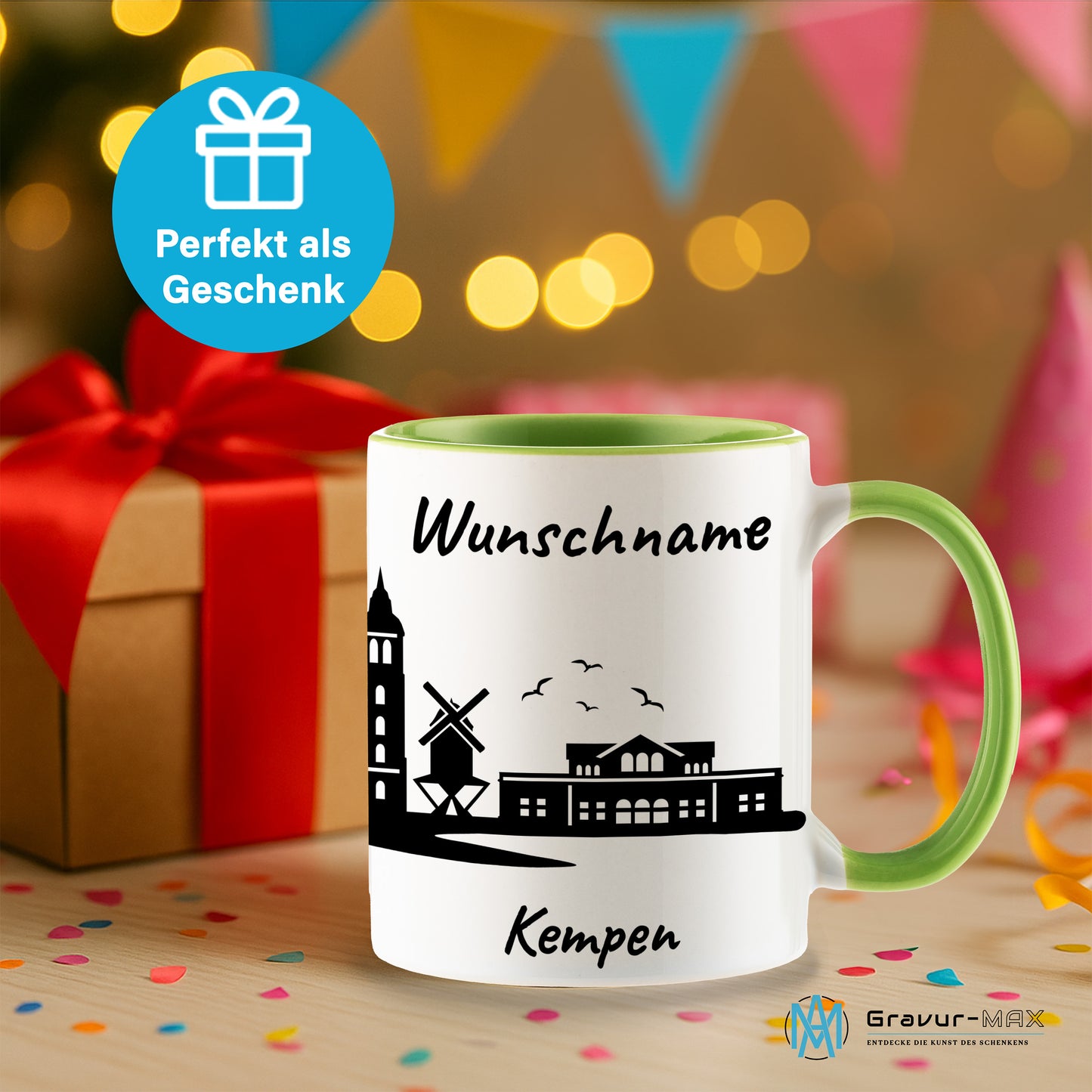Tasse in Hellgrün 330ml bedruckt mit der Skyline von Kempen personalisierbar mit Wunschname