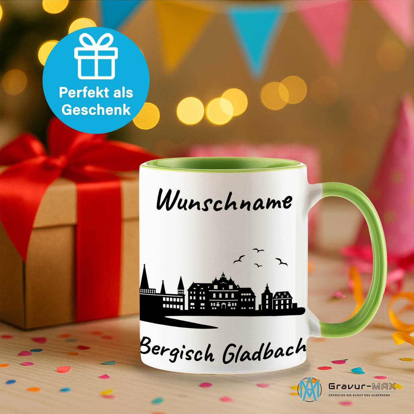 Tasse in Hellgrün 330ml bedruckt mit der Skyline von Bergisch Gladbach personalisierbar mit Wunschname