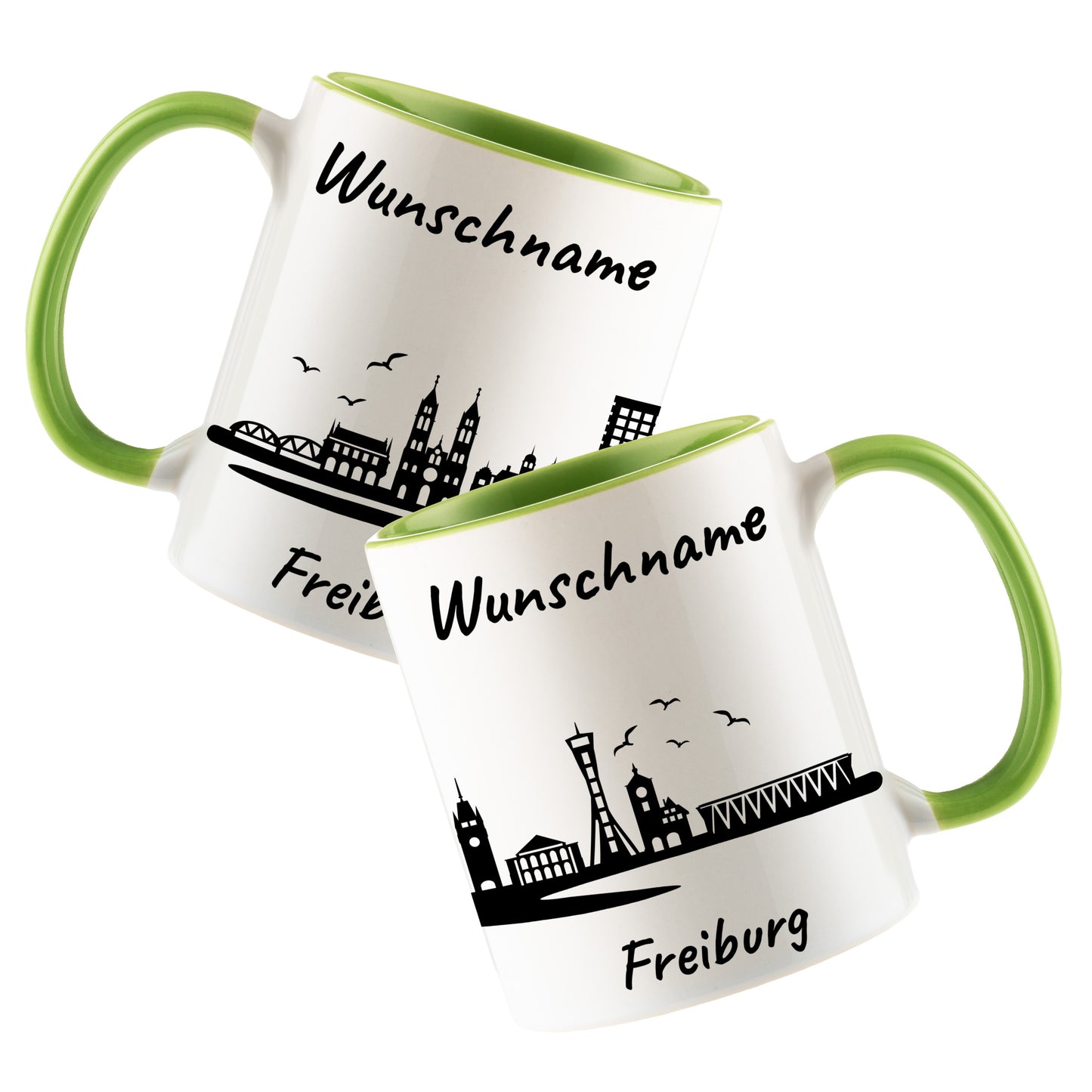 Tasse in Hellgrün 330ml bedruckt mit der Skyline von Freiburg personalisierbar mit Wunschname
