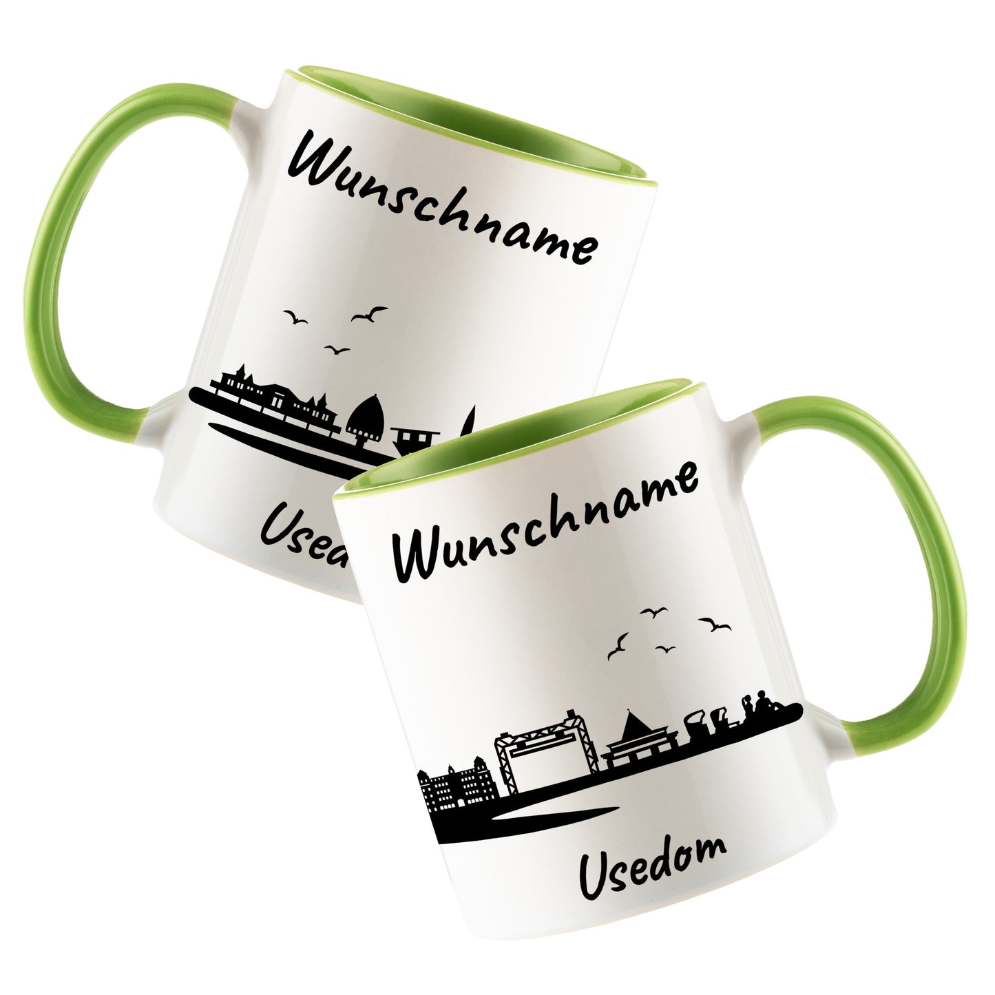 Tasse in Hellgrün 330ml bedruckt mit der Skyline von Usedom personalisierbar mit Wunschname