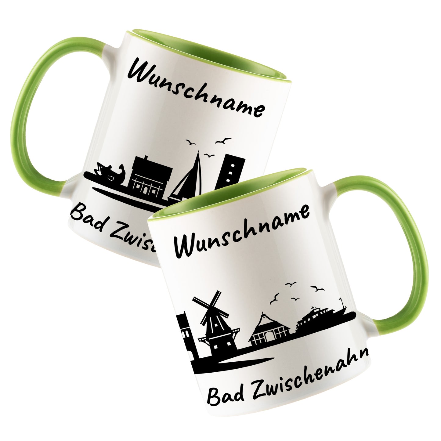 Tasse in Hellgrün 330ml bedruckt mit der Skyline von Bad Zwischenahn personalisierbar mit Wunschname
