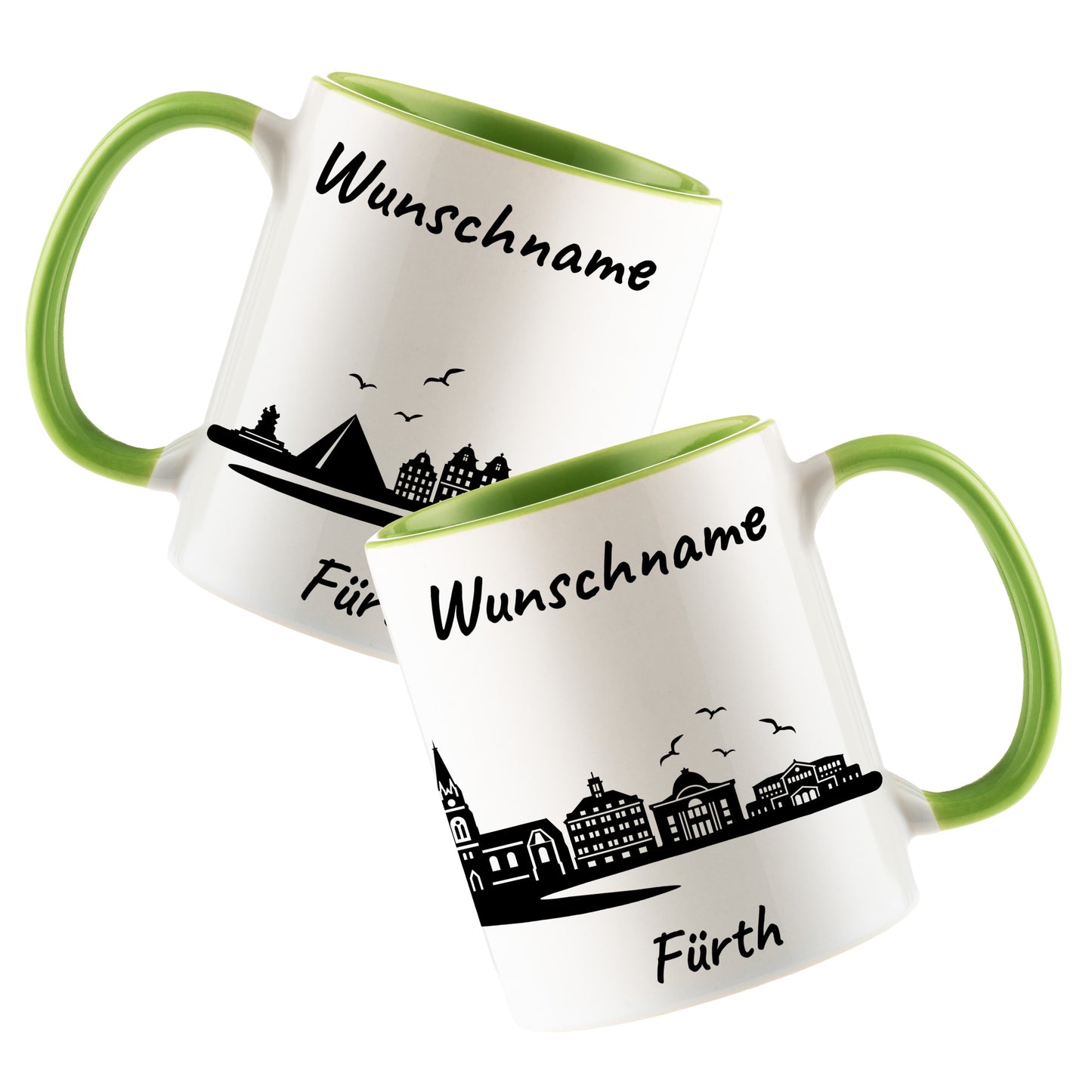 Tasse in Hellgrün 330ml bedruckt mit der Skyline von Fürth personalisierbar mit Wunschname