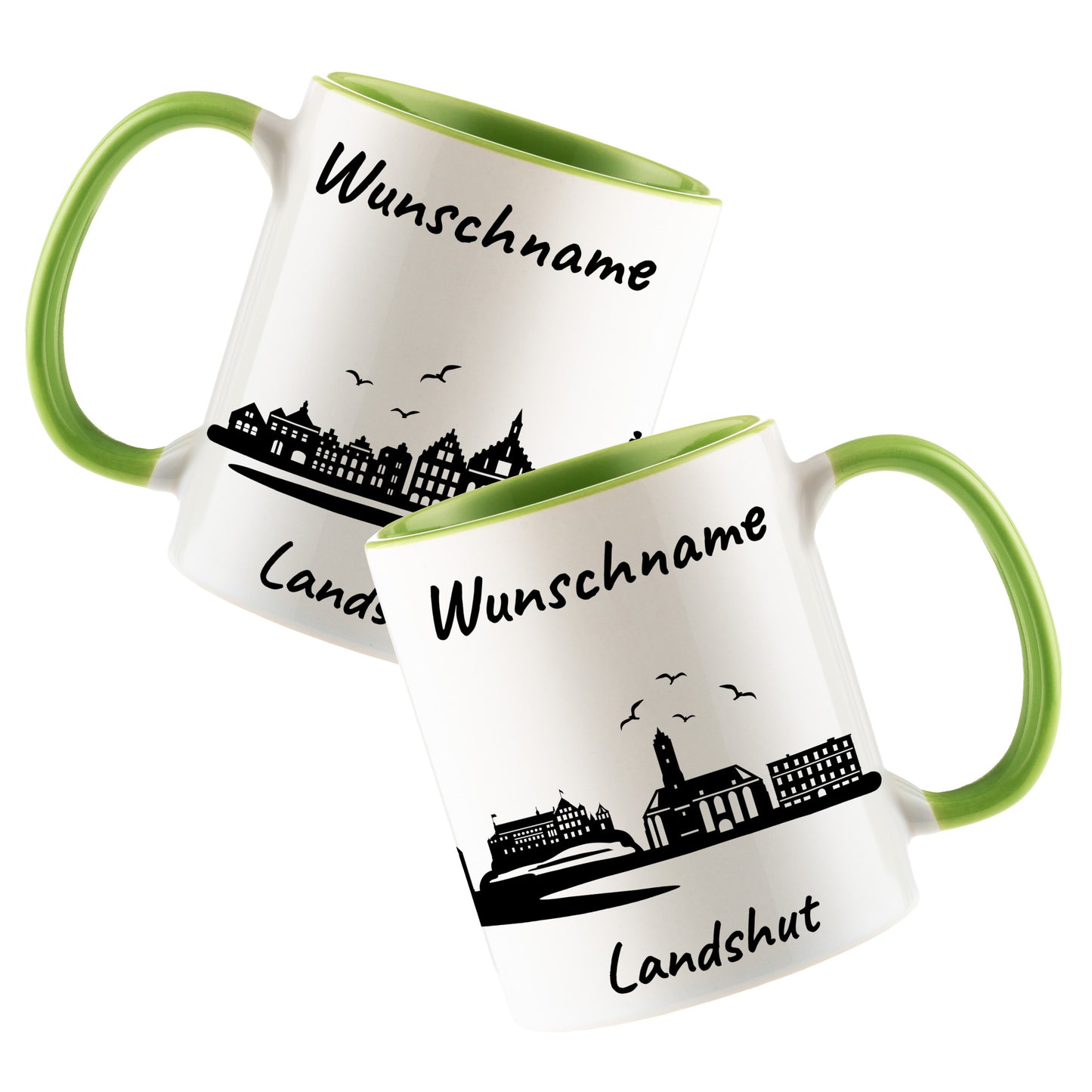 Tasse in Hellgrün 330ml bedruckt mit der Skyline von Landshut personalisierbar mit Wunschname