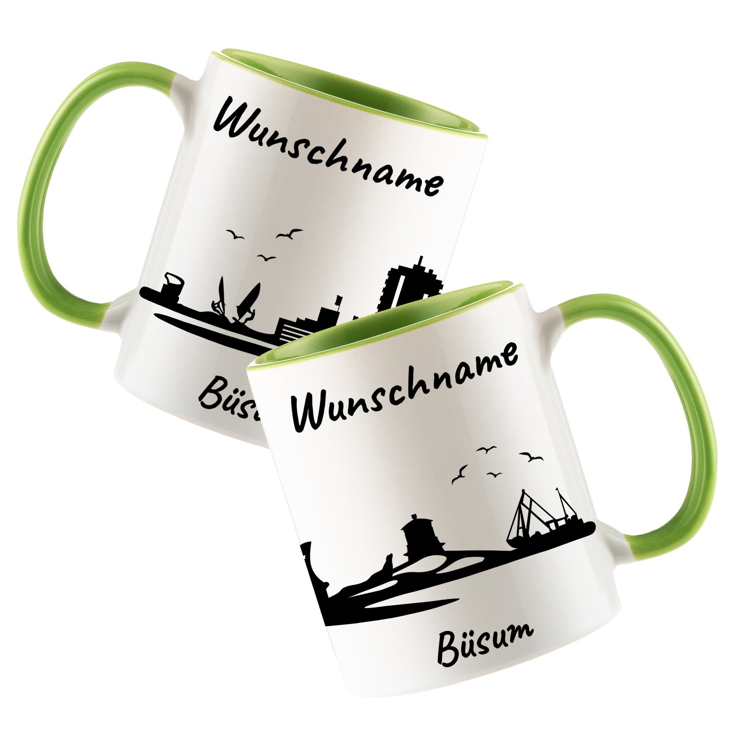 Tasse in Hellgrün 330ml bedruckt mit der Skyline von Büsum personalisierbar mit Wunschname