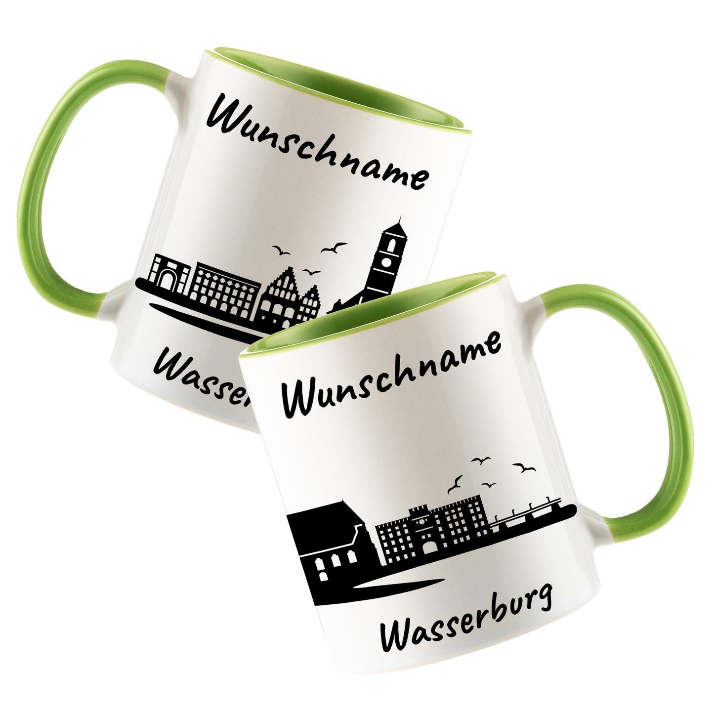 Tasse in Hellgrün 330ml bedruckt mit der Skyline von Wasserburg personalisierbar mit Wunschname