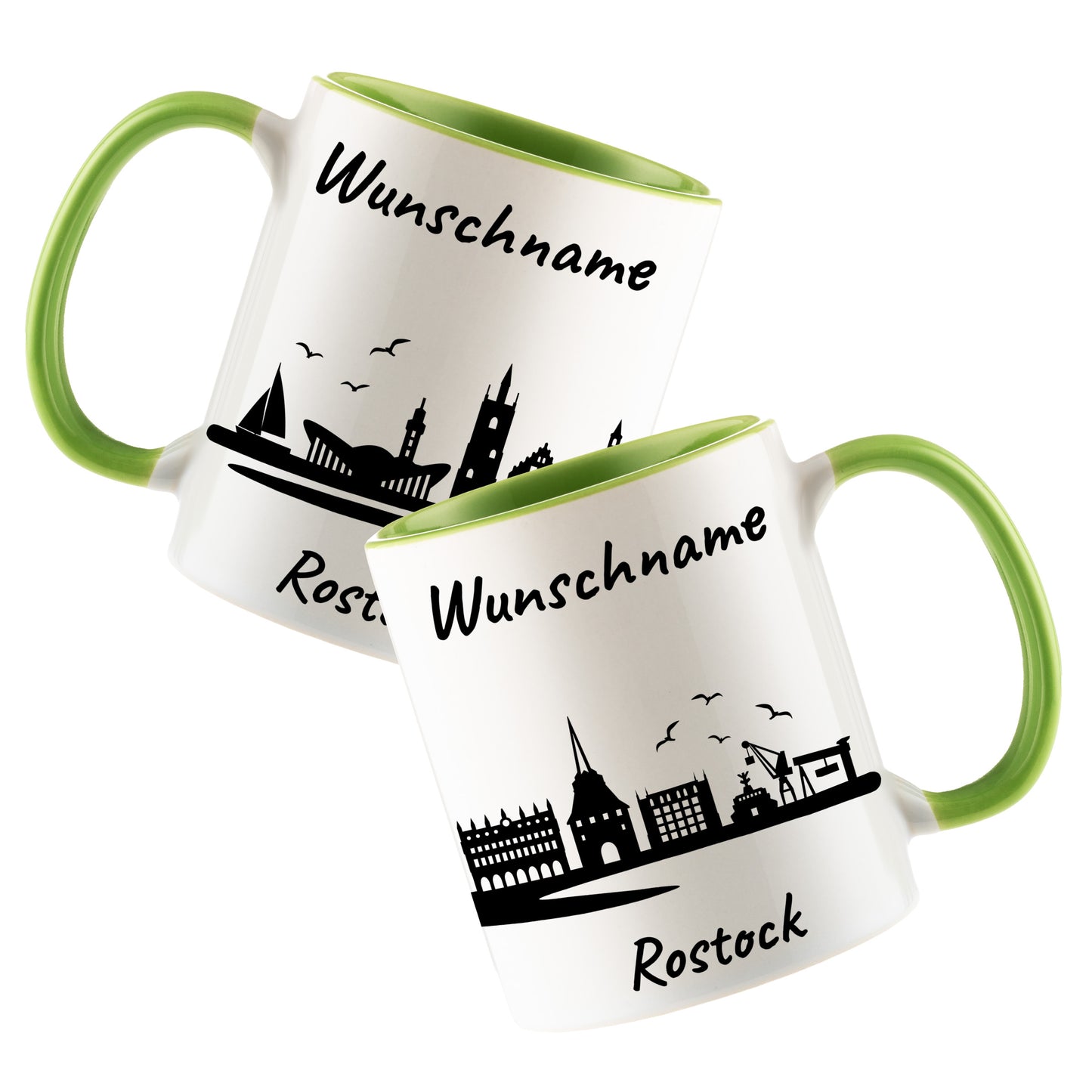 Tasse in Hellgrün 330ml bedruckt mit der Skyline von Rostock personalisierbar mit Wunschname