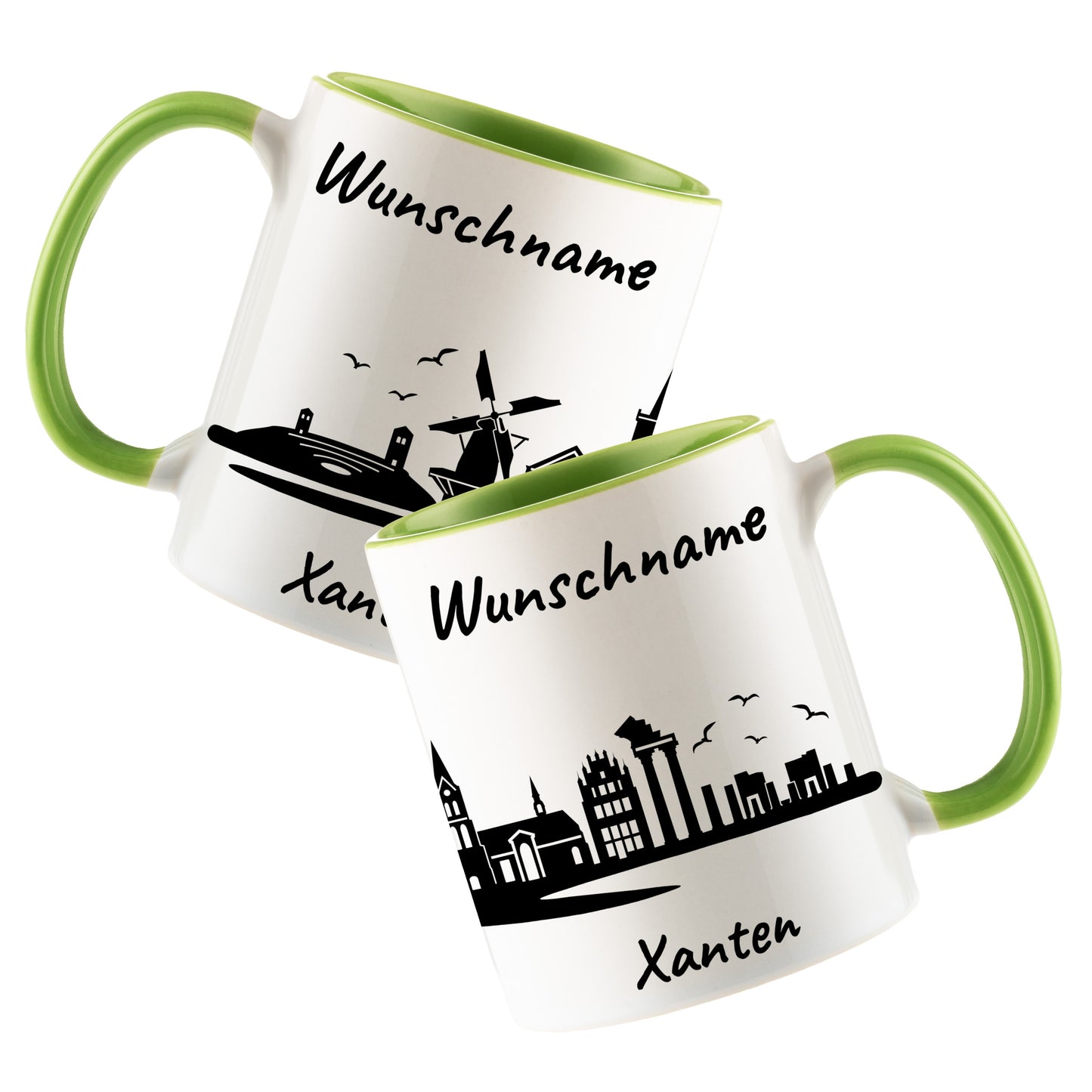Tasse in Hellgrün 330ml bedruckt mit der Skyline von Xanten personalisierbar mit Wunschname