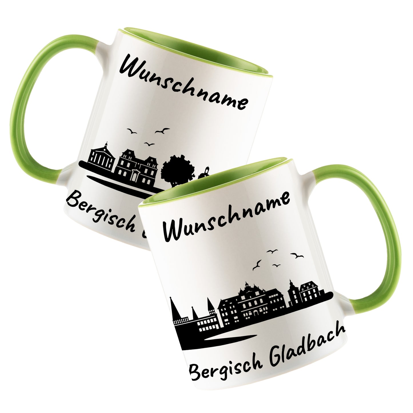 Tasse in Hellgrün 330ml bedruckt mit der Skyline von Bergisch Gladbach personalisierbar mit Wunschname